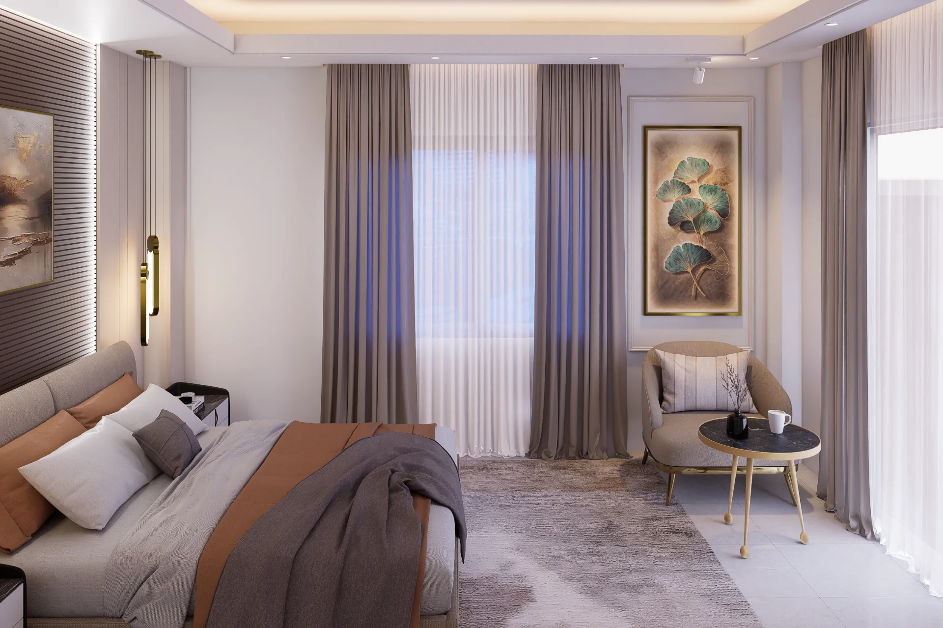 Junior bedroom reading corner with upholstered armchair marble accent table and framed botanical leaf art