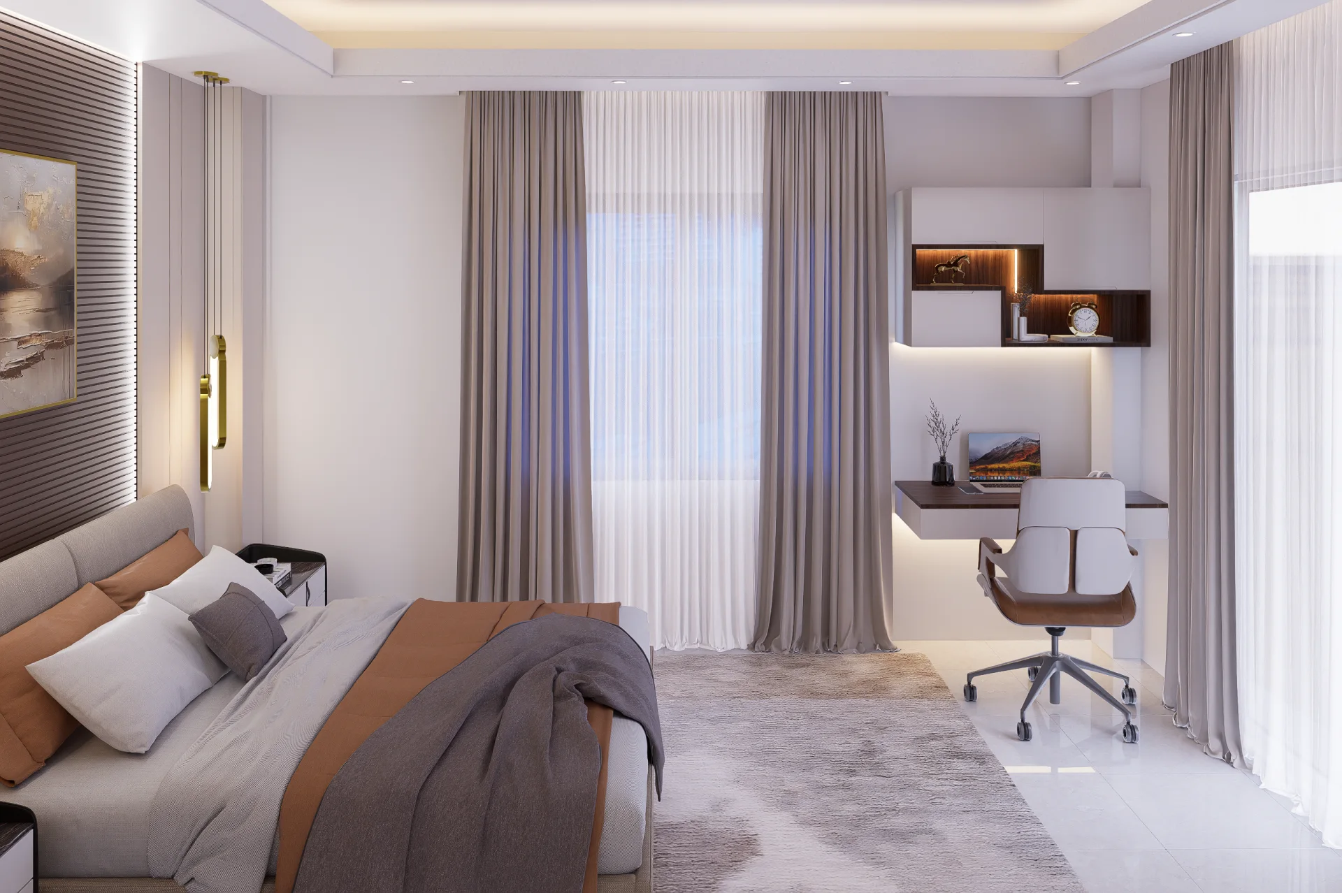 Junior bedroom ergonomic workstation with floating study desk swivel chair and illuminated modular wall cabinet