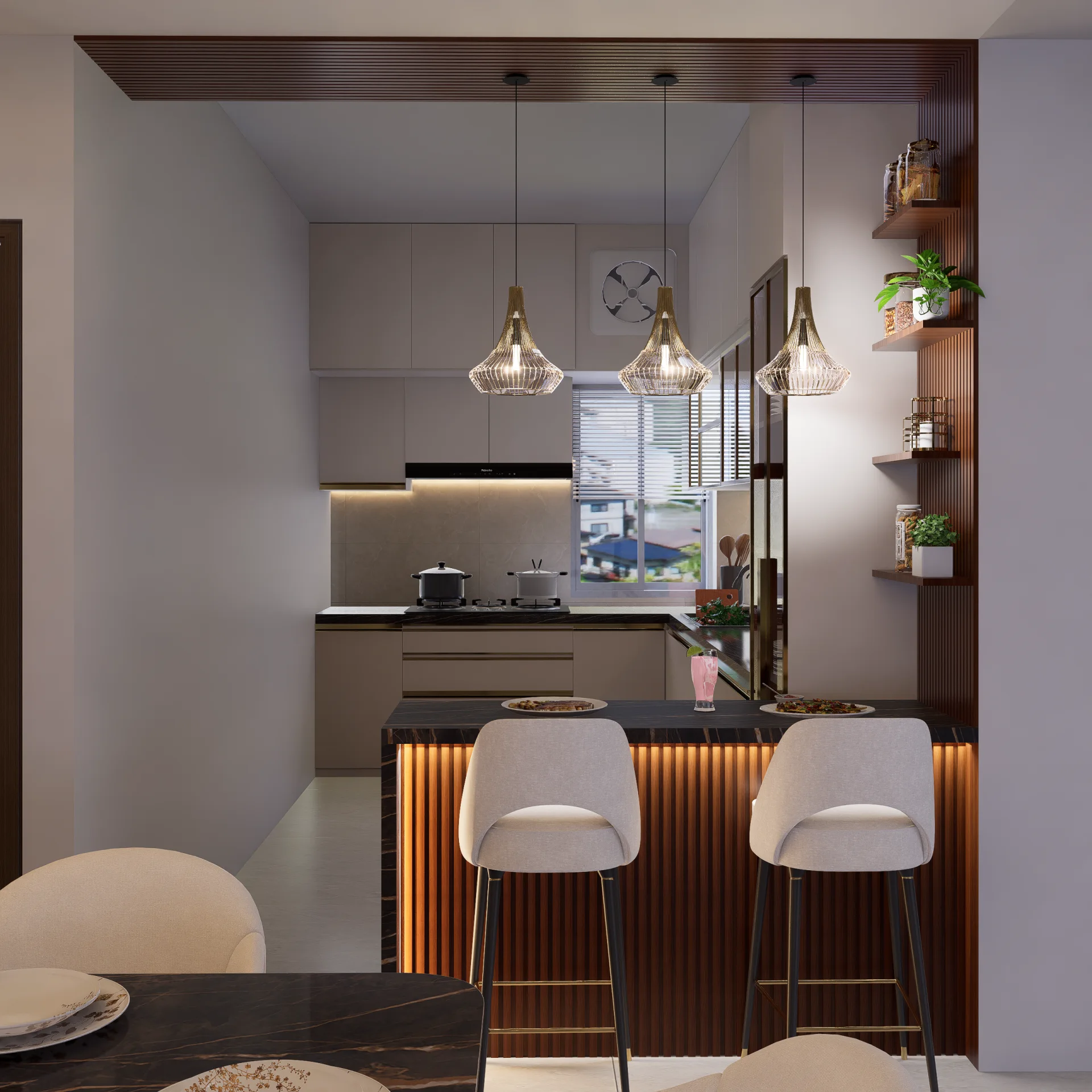 Kitchen breakfast bar counter with fluted teak slats under-counter warm LED wash and teardrop brass glass pendant lights