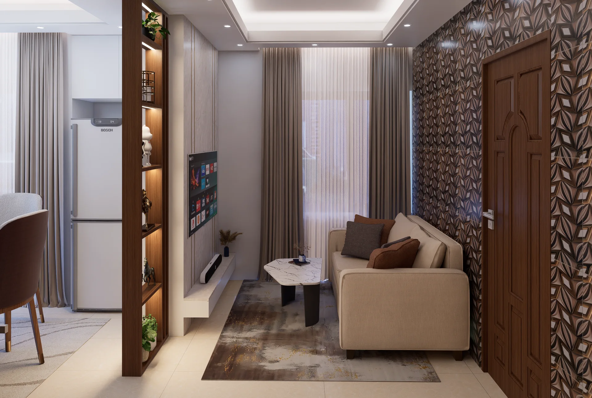 Living room lounge with compact beige sofa, hexagonal marble coffee table, patterned accent wall, and drapery curtains at Modhumita Road, Tongi