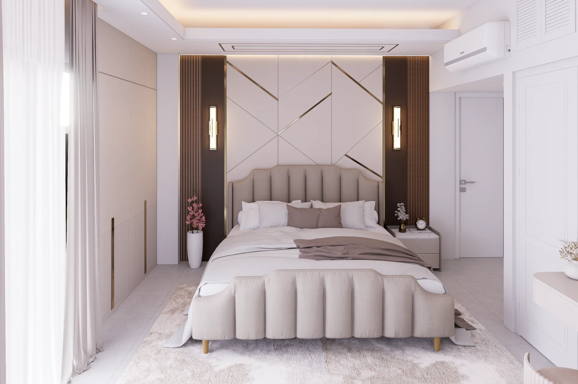 Lower level master bedroom with geometric gold groove accent wall and channel-tufted curved beige bed