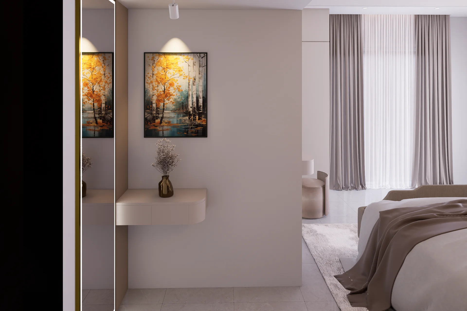 Lower master bedroom dressing corner with spotlighted autumn forest artwork floating shelf and illuminated mirror