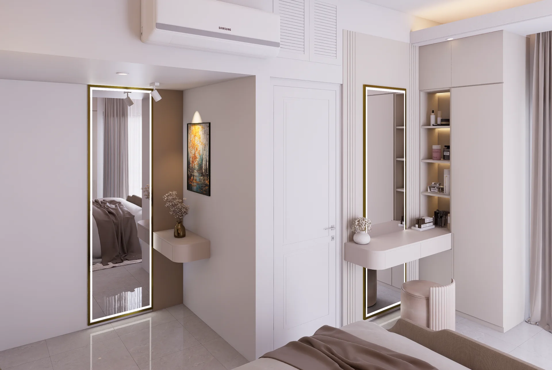 Lower master dressing station with backlit vanity mirror floating makeup desk cosmetics tower and full-length bronze mirror