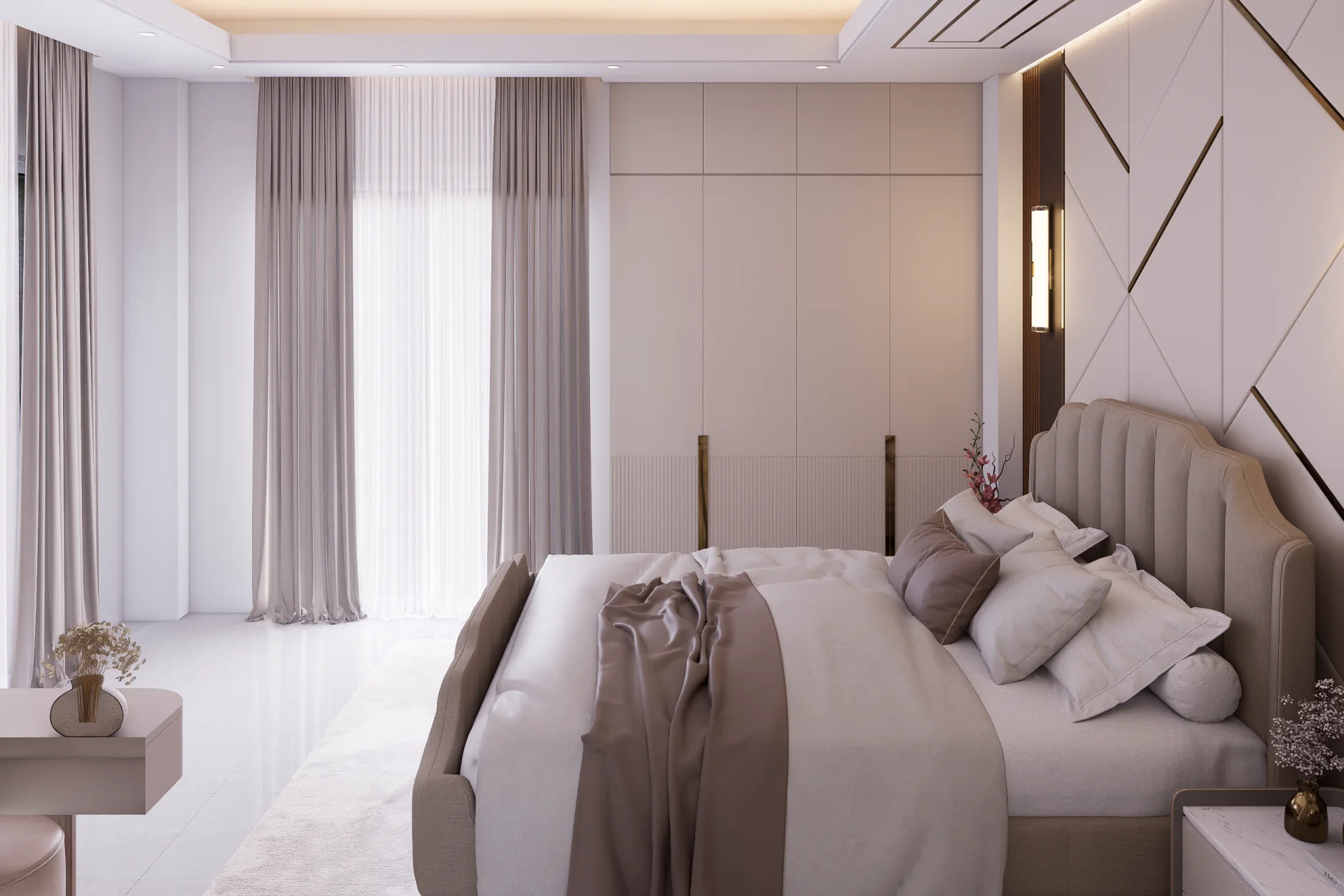 Lower master bedroom view showing custom built-in wardrobe with brass pulls and expansive sheer window drapes
