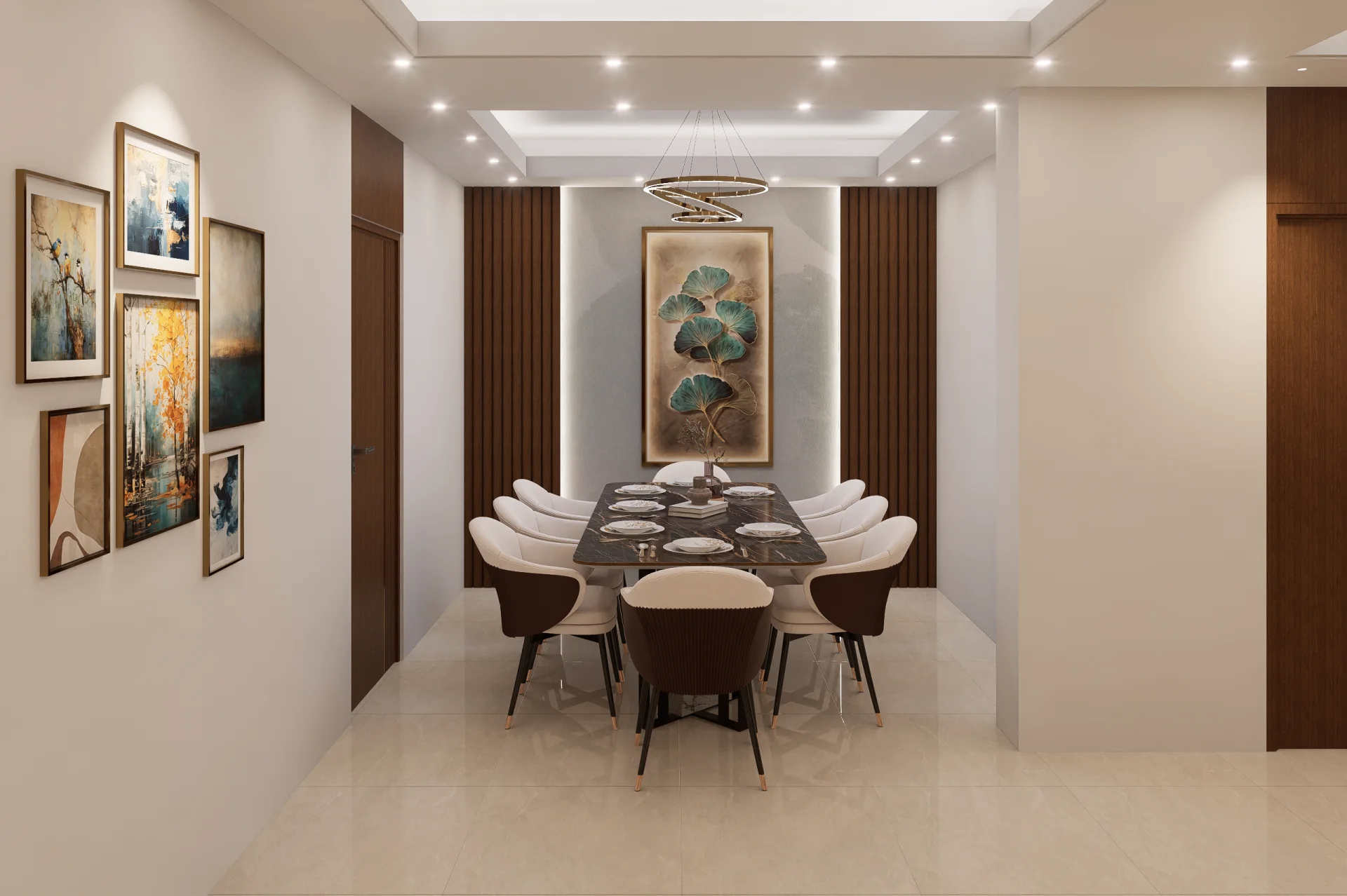 Luxury 6-Seater Dining Space with Marble Top Table Ring Chandelier and Fluted Wall Paneling Ashulia