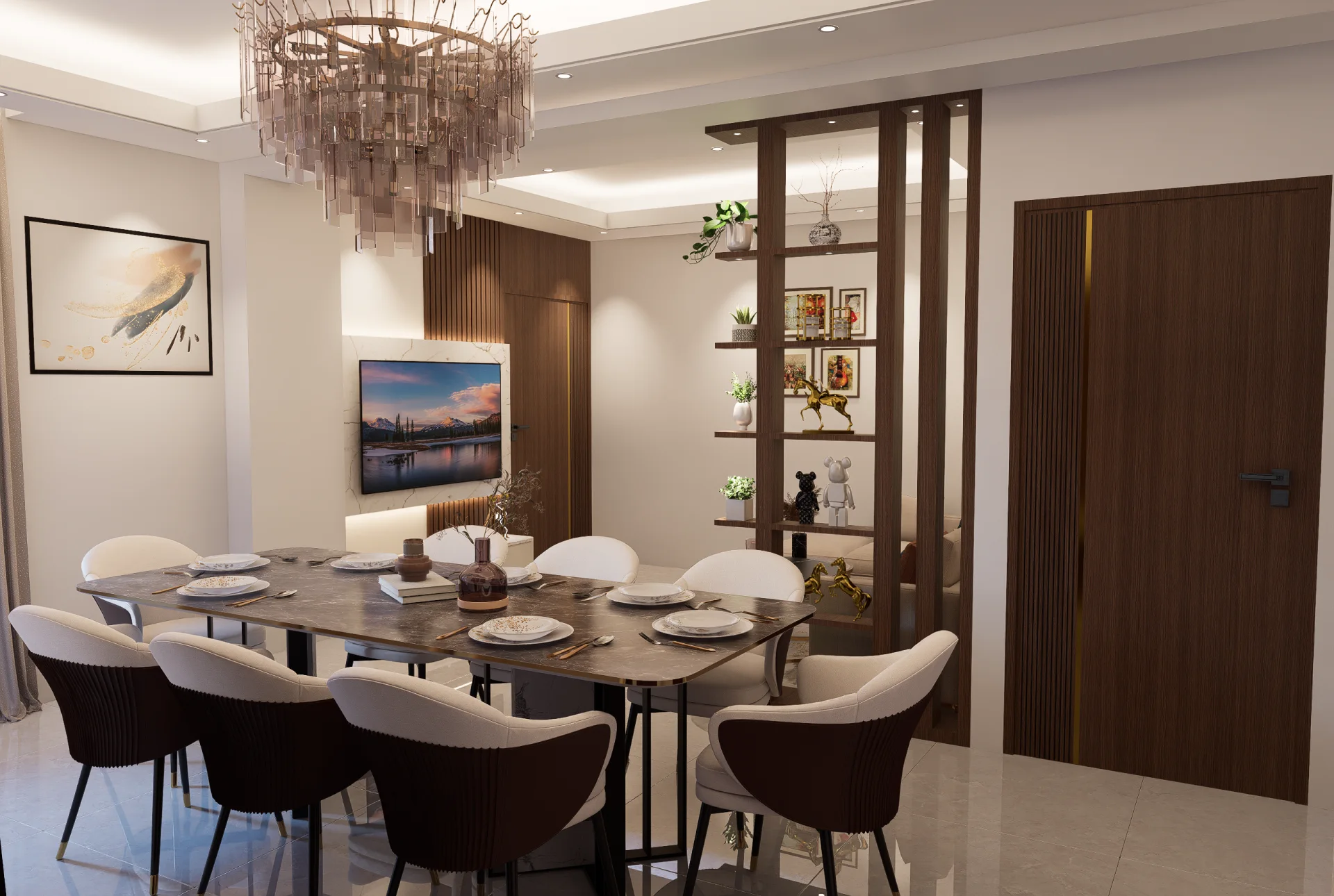Luxury 8-seater dining table with dark marble countertop and cascading crystal prism chandelier in Khilkhet