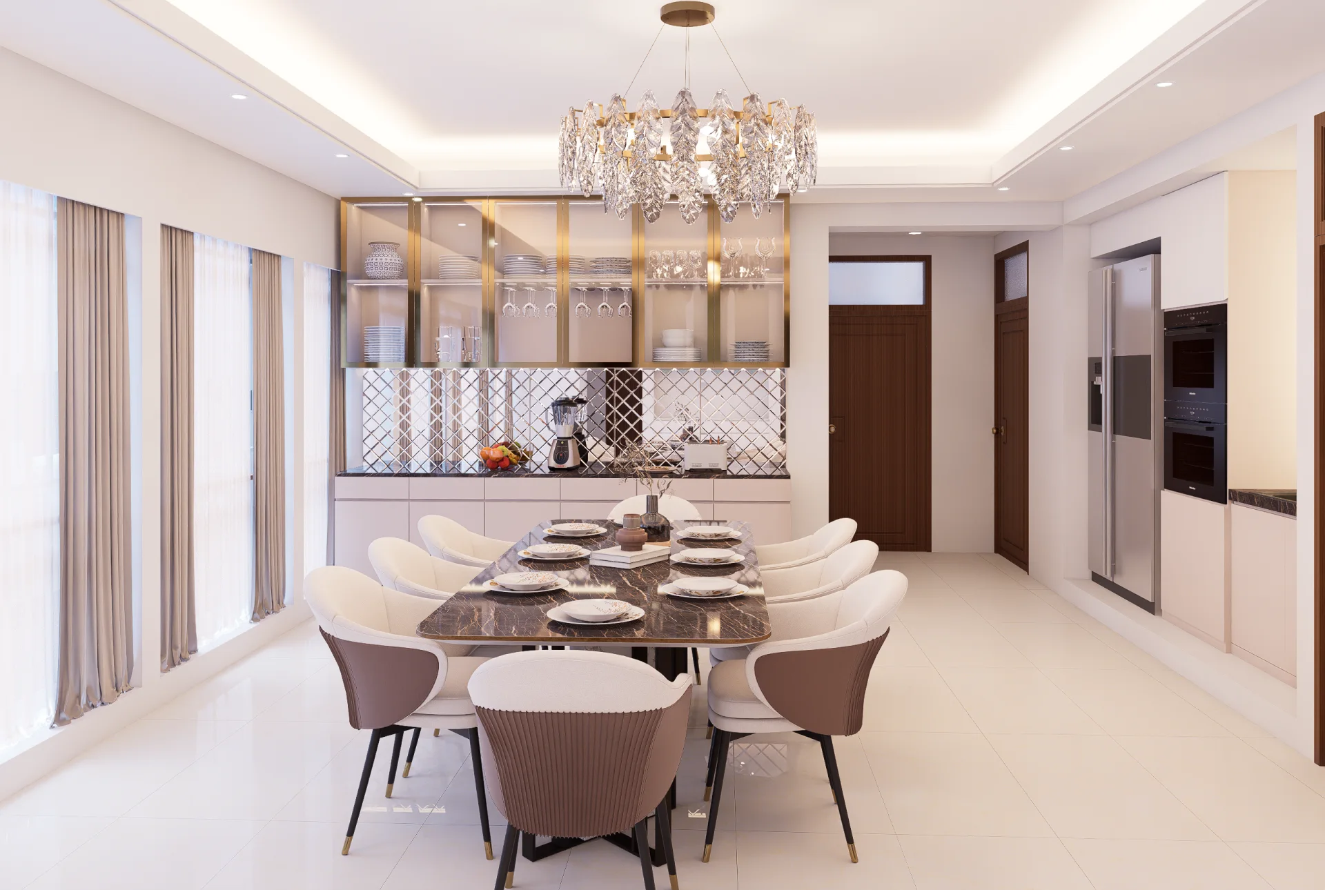 Luxury 8-seater dining room with polished dark marble table crystal leaf ring chandelier and beveled mirror crockery unit