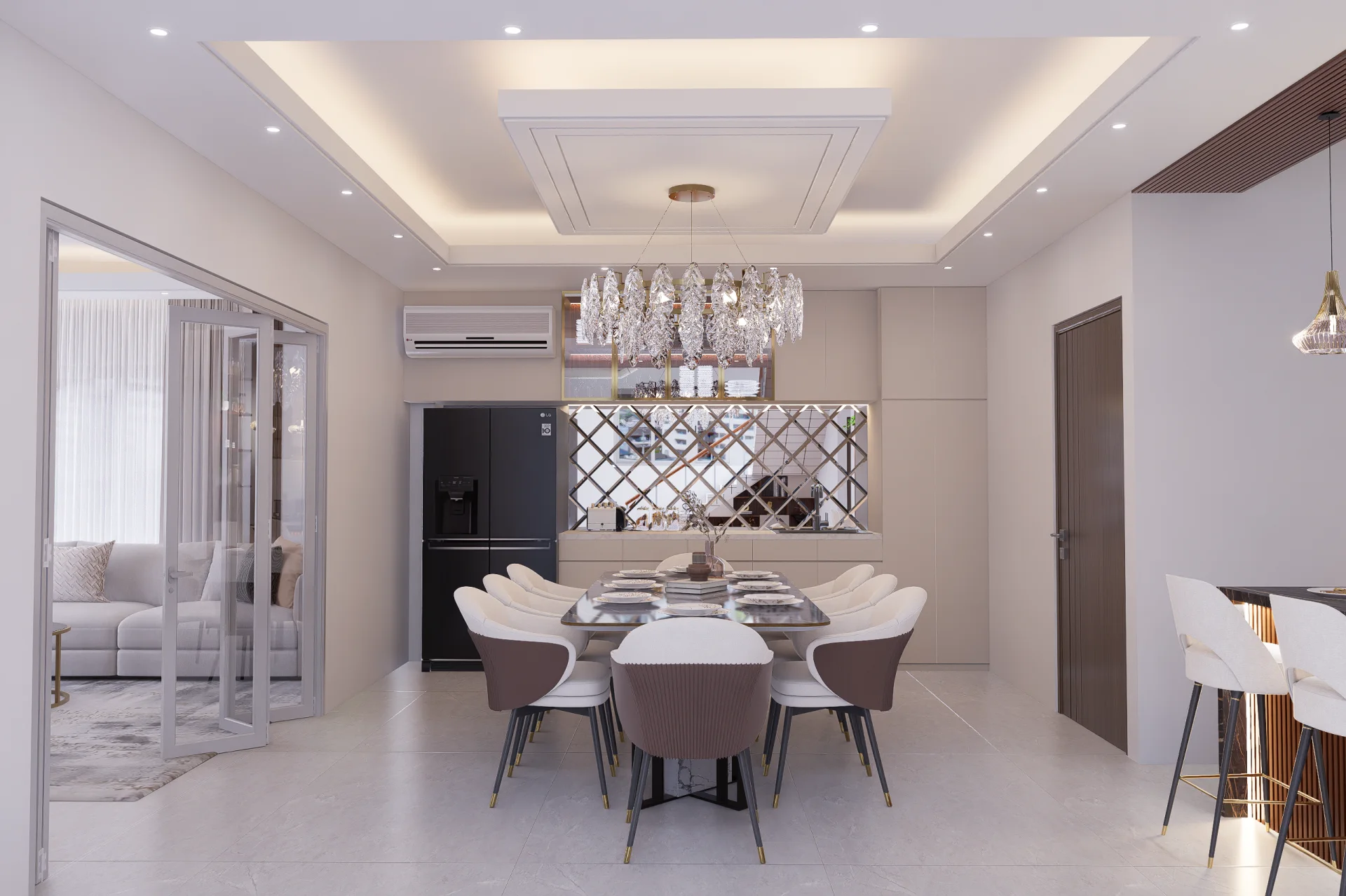Luxury 8-seater dining room with polished dark marble table crystal leaf ring chandelier and diamond beveled mirror buffet