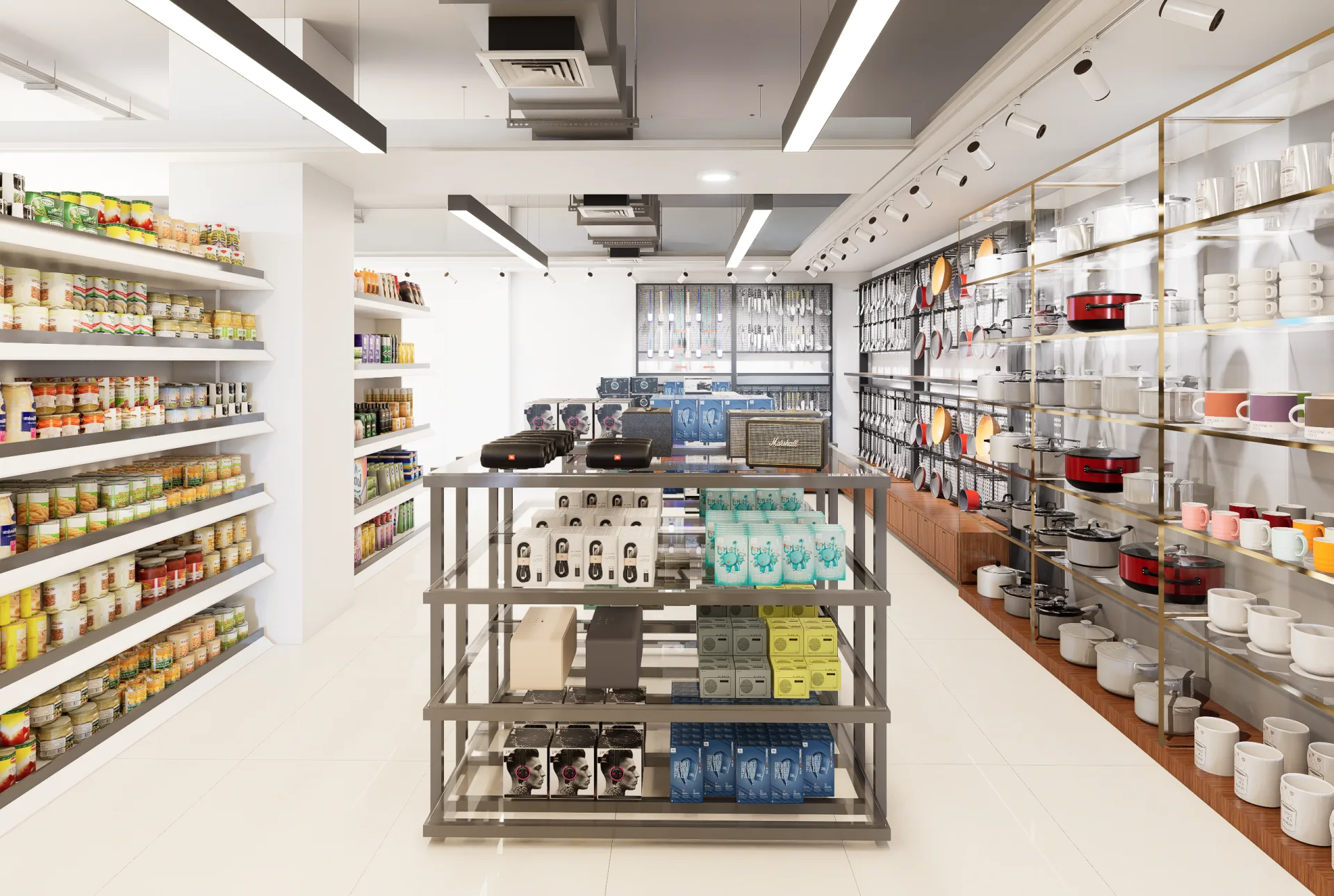 Luxury retail store interior with brass-framed ceramic dinnerware shelving and track spotlights at Garrison Dhaka