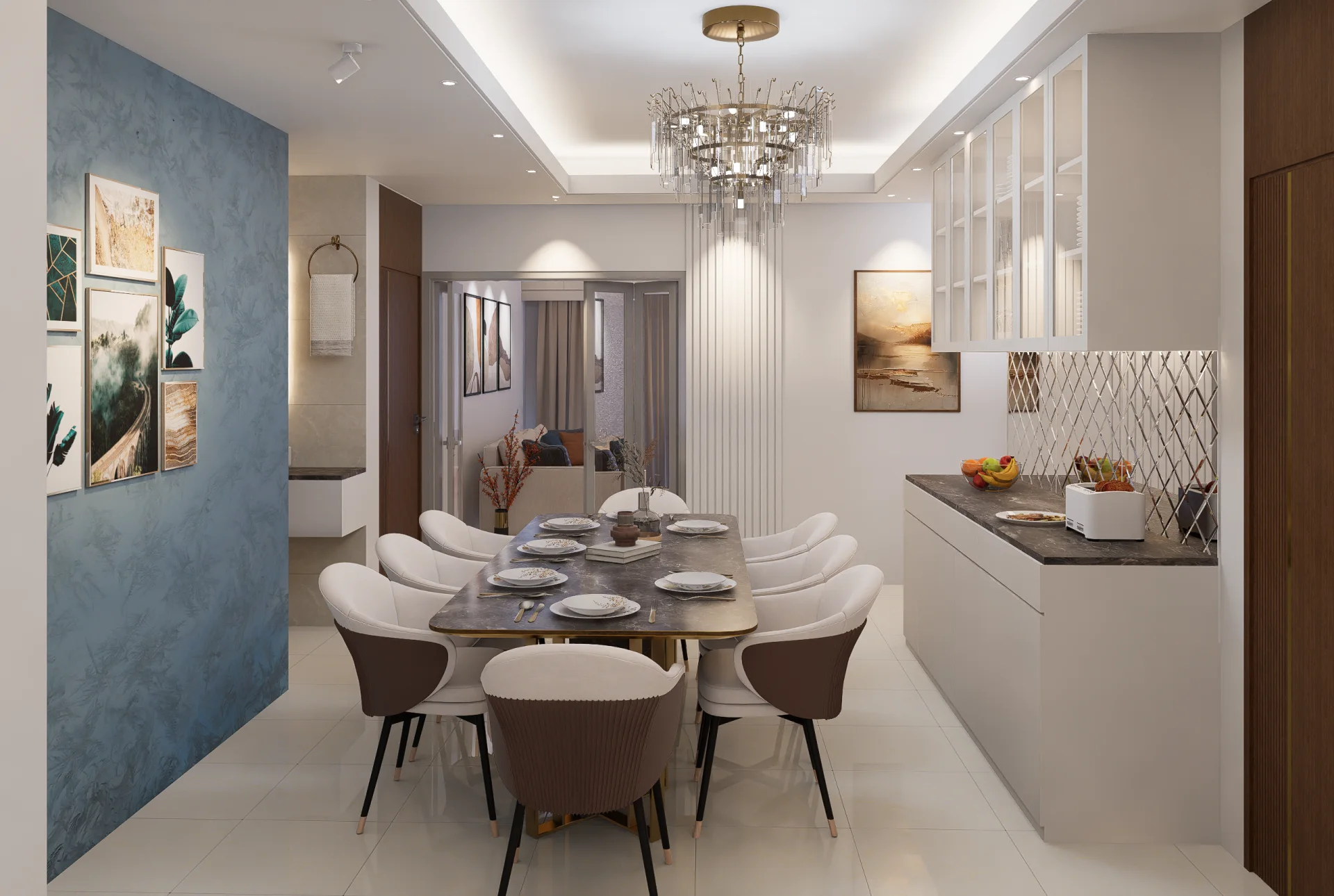 Luxury 8-seater dining room with marble top table, cascading crystal chandelier, and blue accent wall at Mirpur DOHS, Dhaka