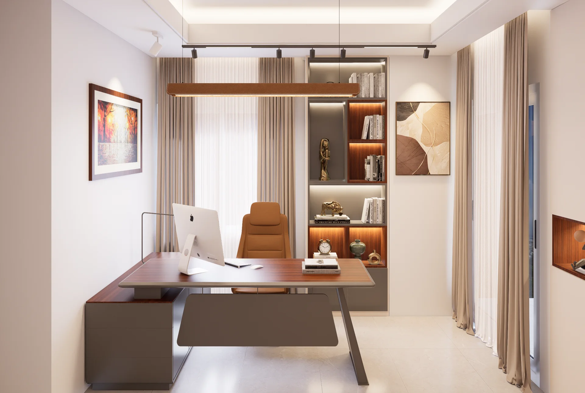Front perspective of luxury study room showing custom joinery suspended designer lighting and study unit