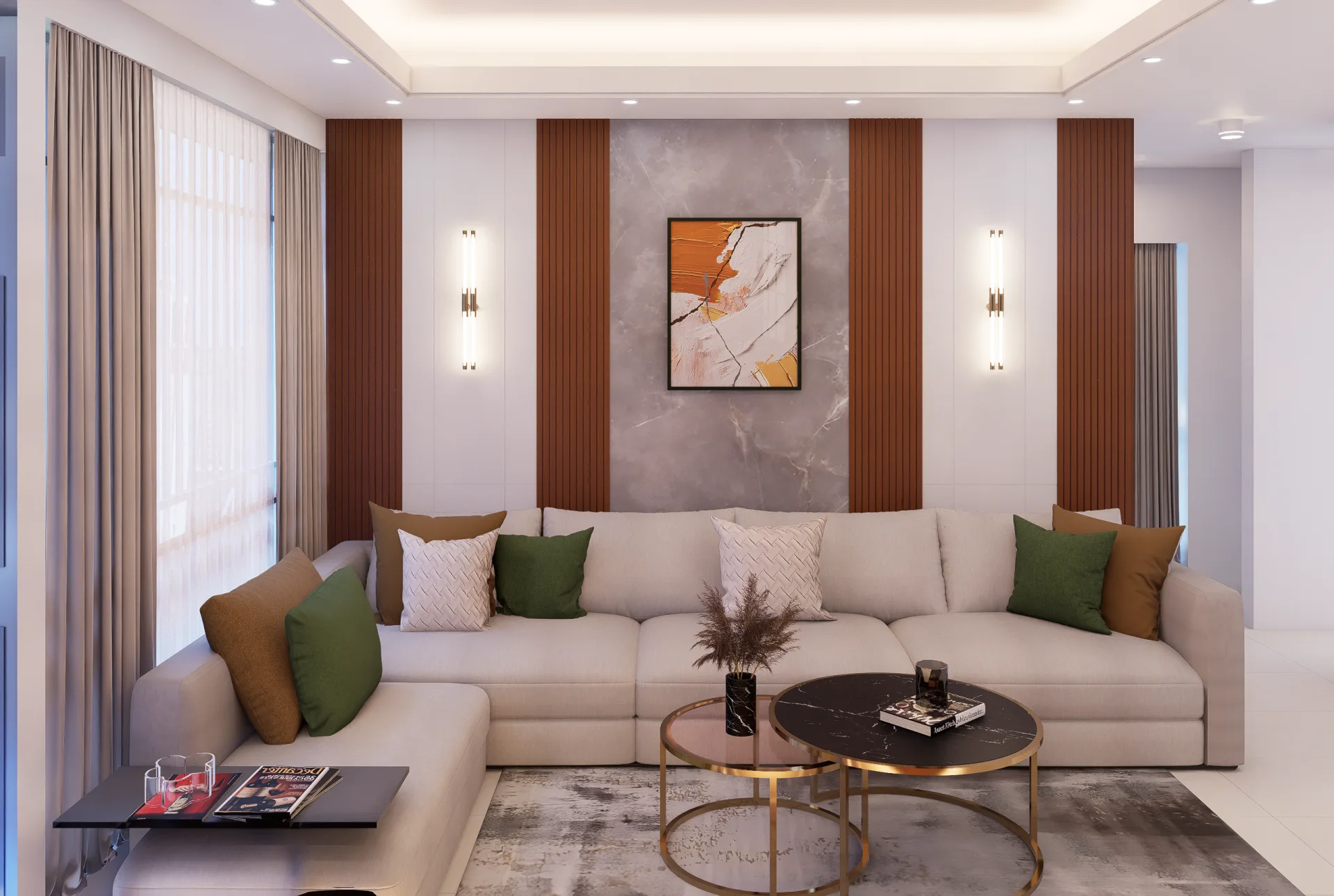 Contemporary living room interior with plush L-shaped sectional sofa fluted wall panel and nesting marble coffee tables