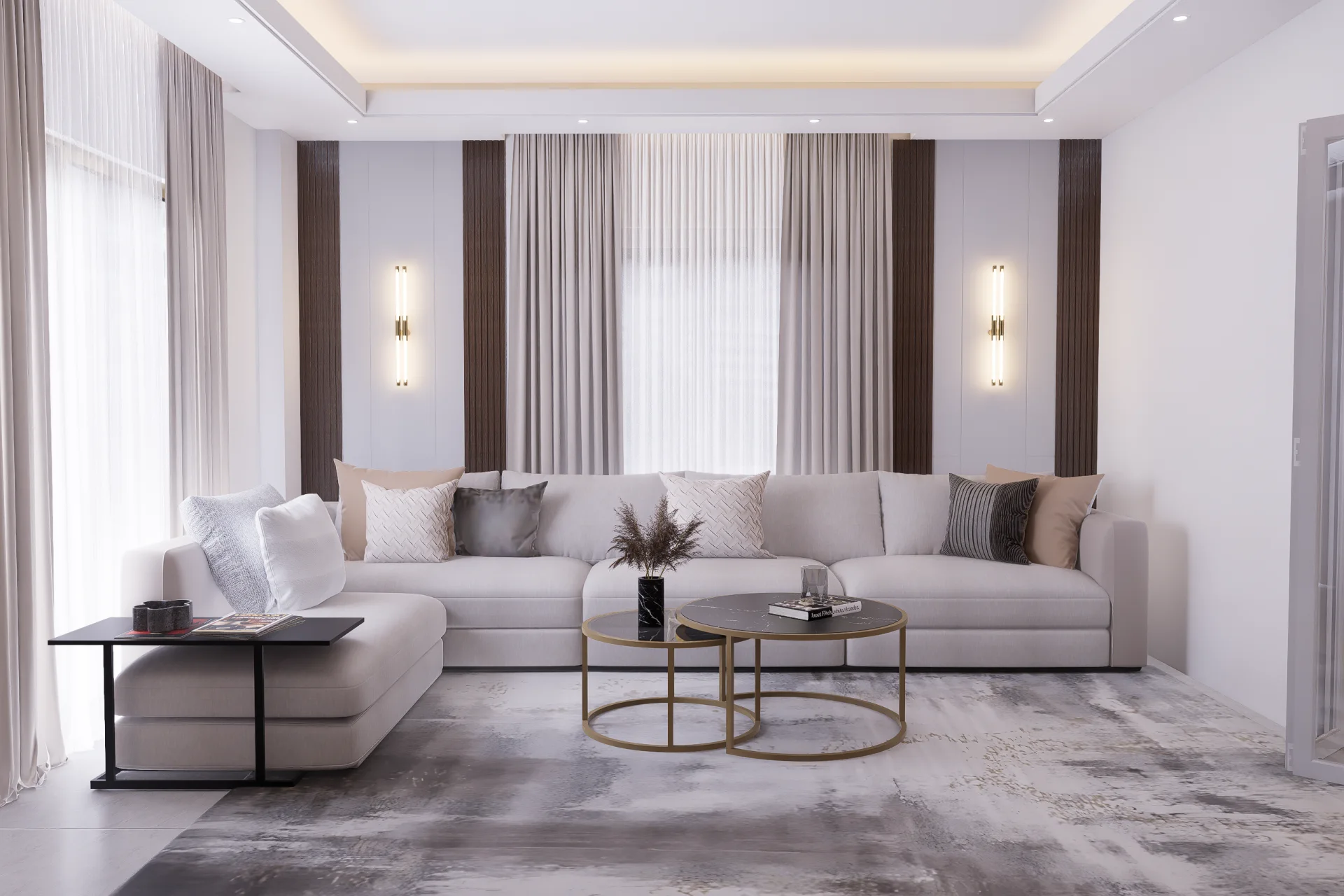 Contemporary living room sofa lounge with plush cream sectional sofa modern vertical wall lights and sheer curtains