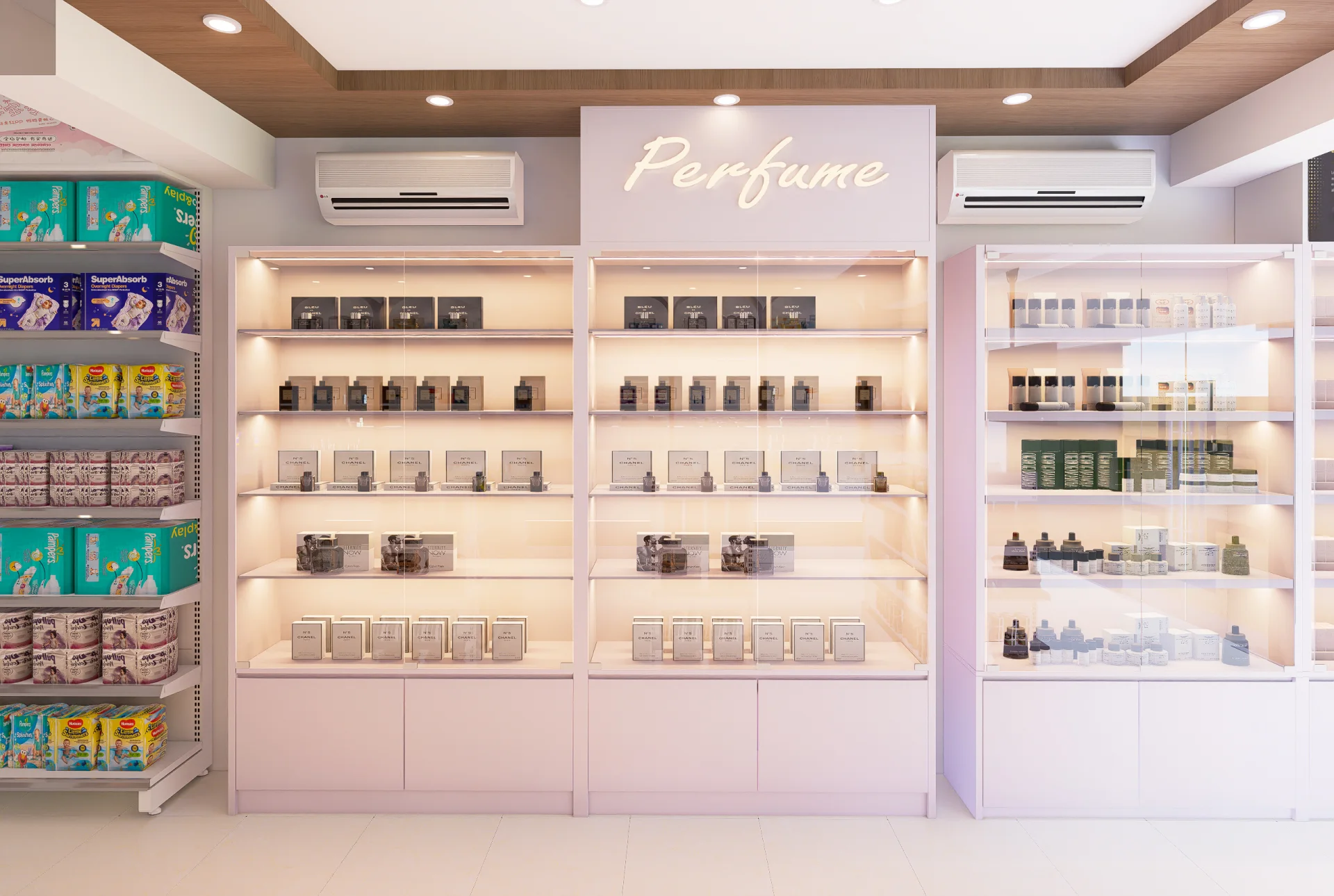 Luxury illuminated perfume and cosmetics glass showcase display cabinet with warm backlighting at Oxy Pharma & Departmental Store
