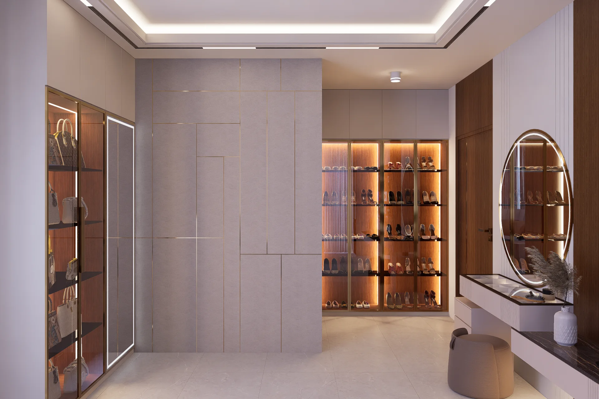 Custom walk-in closet vanity dressing table with glowing circular backlit mirror and display shelves