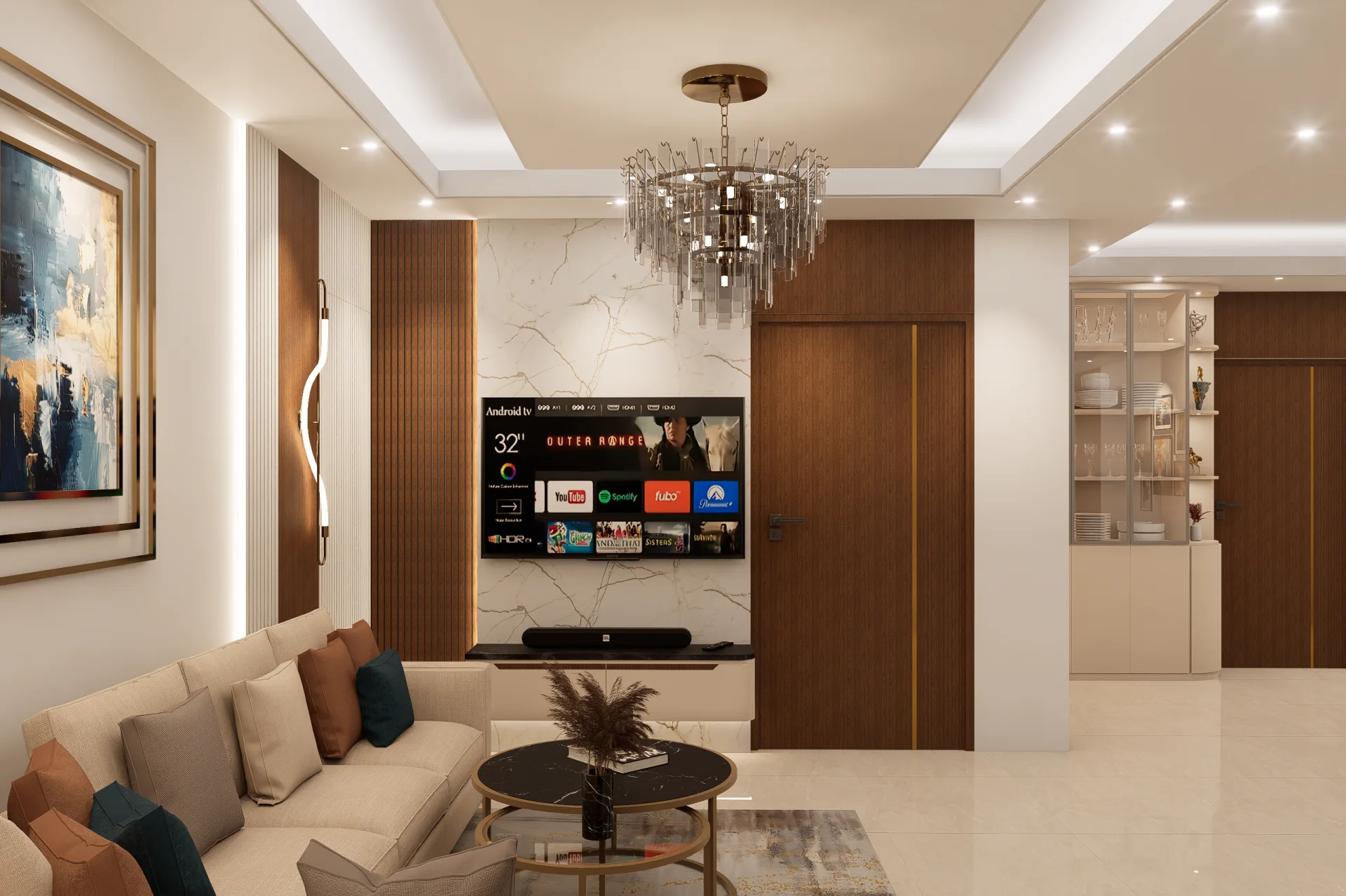 Wall-Mounted TV Unit with Italian Marble Backing and Glass Crockery Cabinet Kuturia Ashulia