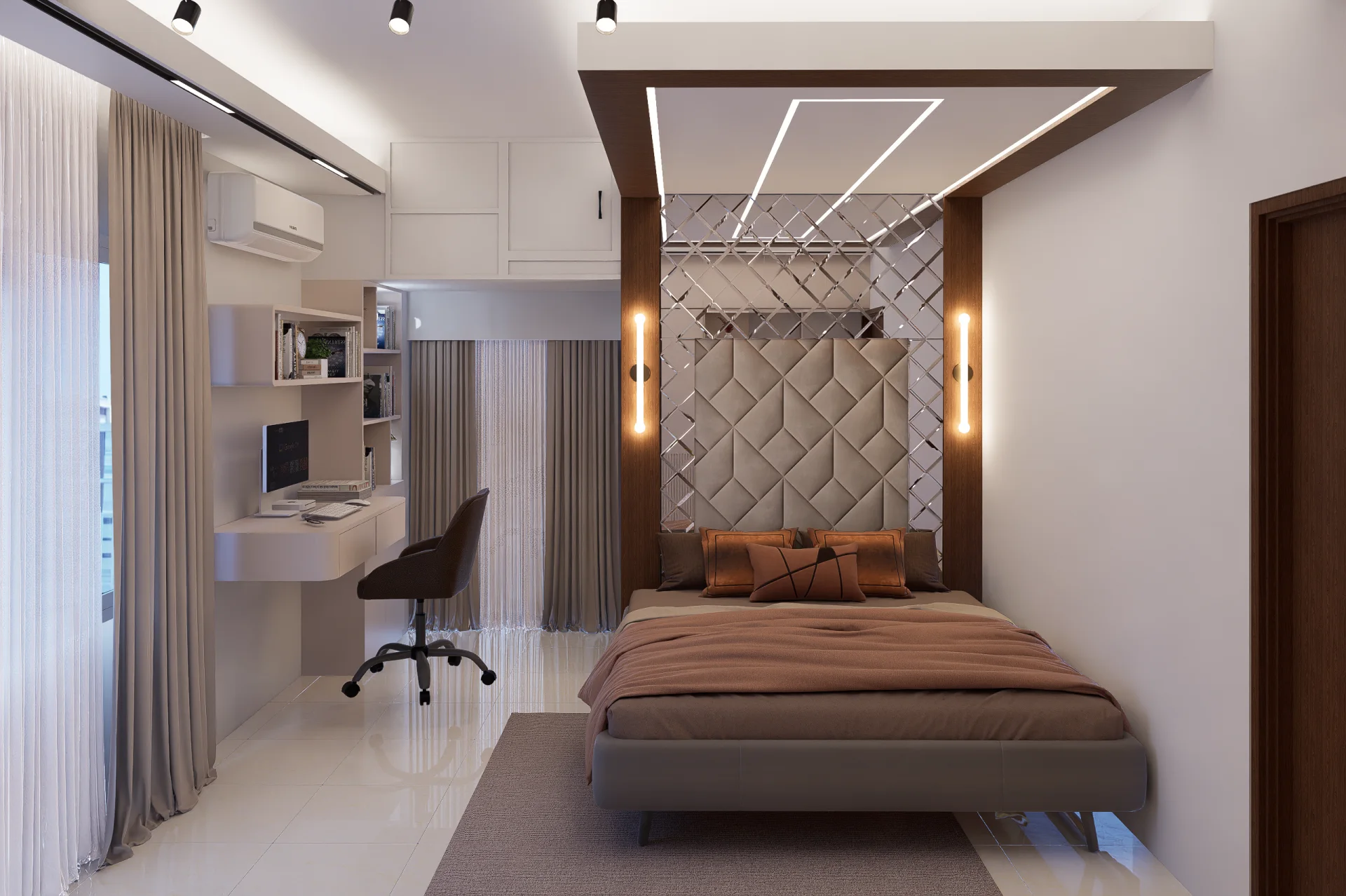 Master bedroom suite with teak canopy ceiling portal, beveled mirror, and upholstered geometric headboard at Mirpur DOHS, Dhaka