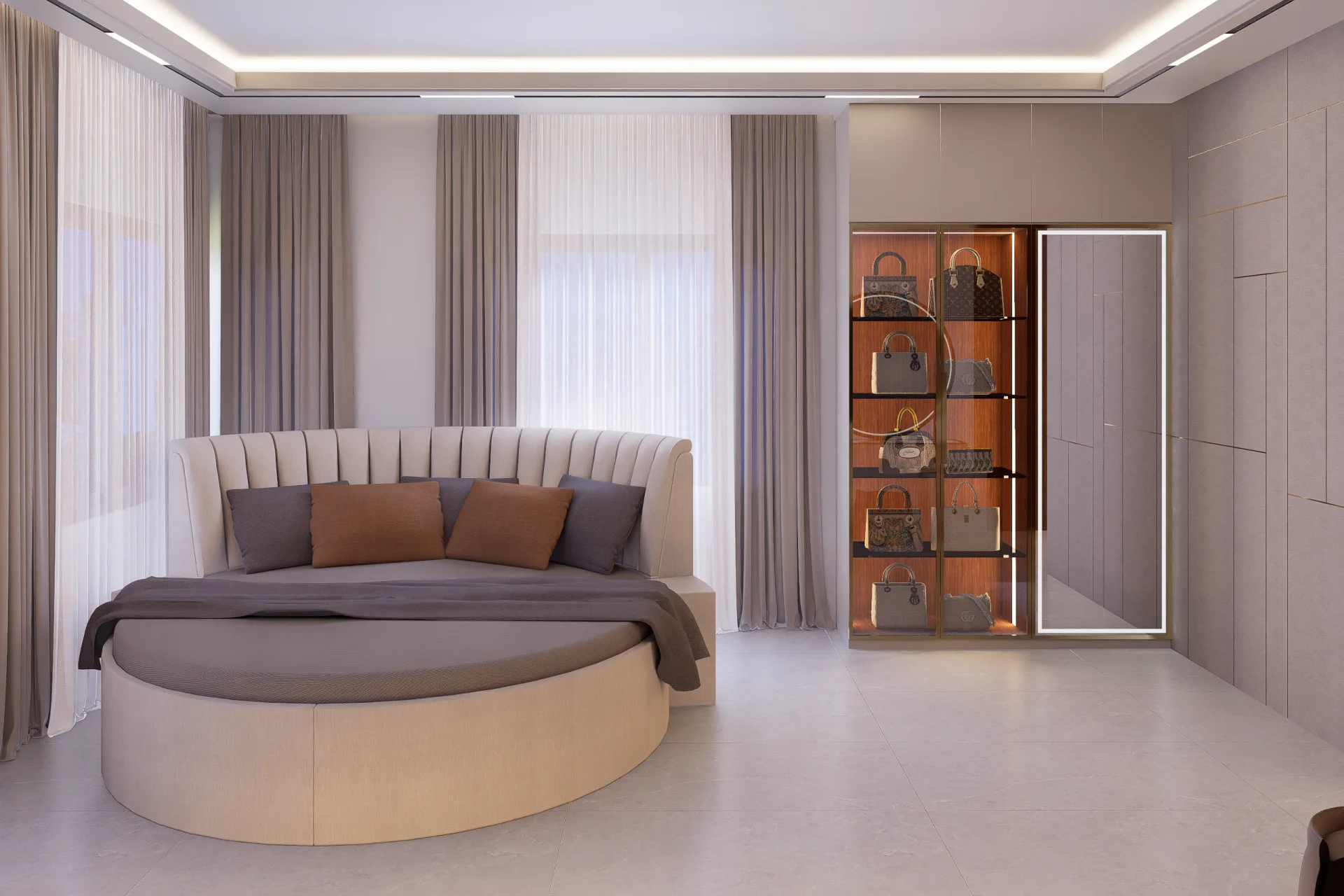 Master bedroom luxury interior with circular bed tufted curved headboard and walk-in wardrobe in Baridhara DOHS