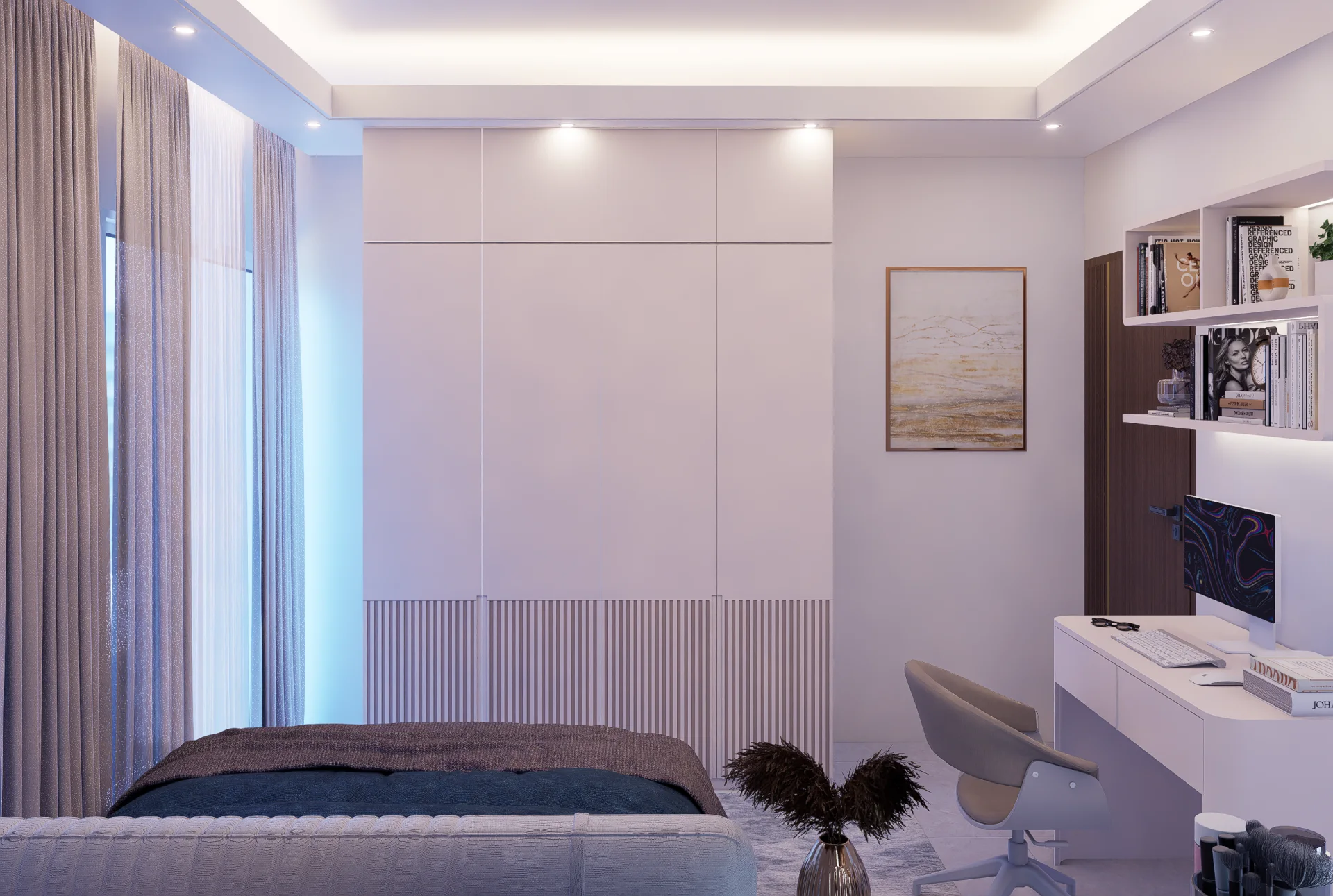 Full-height built-in wardrobe wall with vertical fluting on lower half and ambient ceiling spotlights