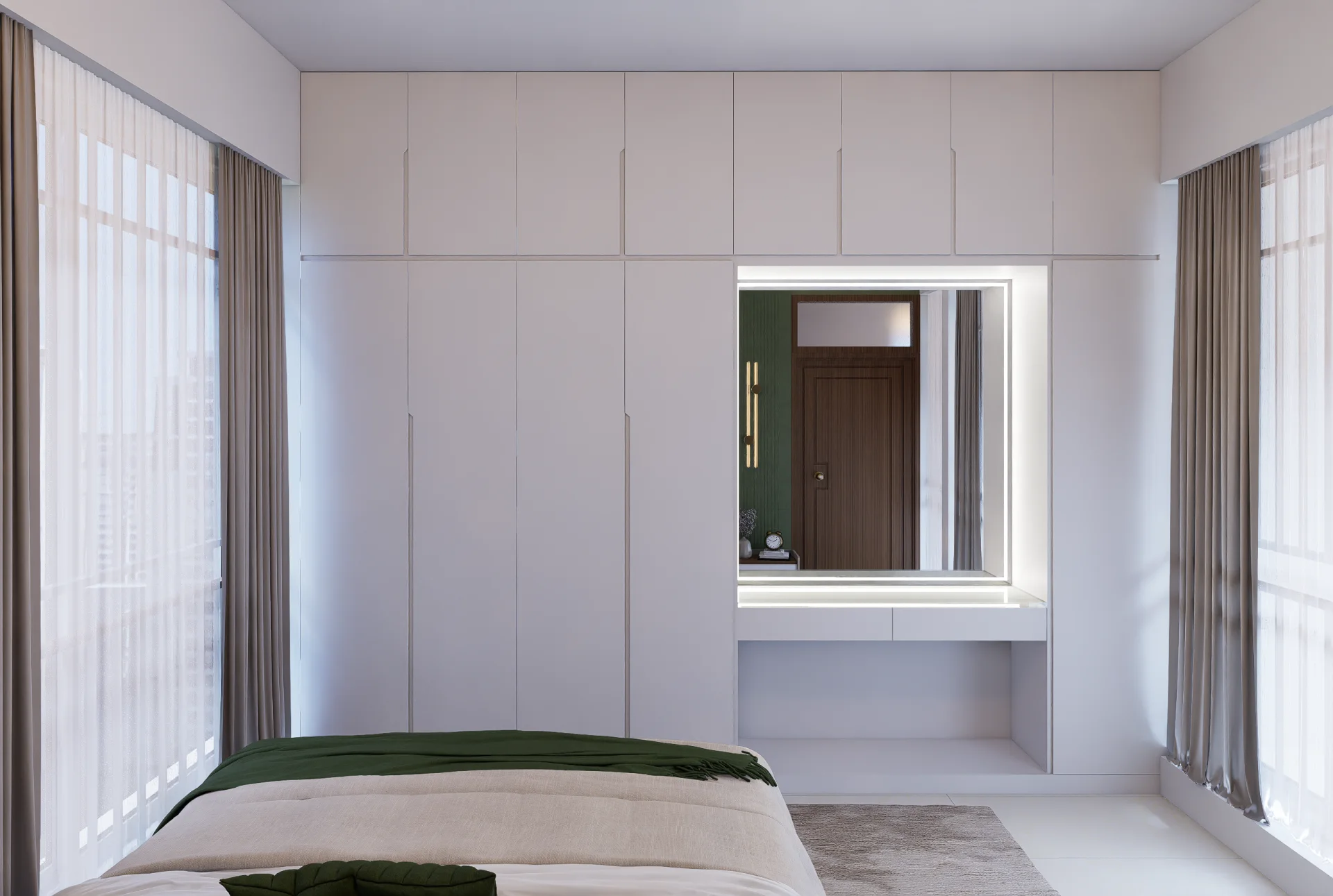 Floor-to-ceiling minimalist wardrobe with integrated backlit dressing vanity mirror in master bedroom