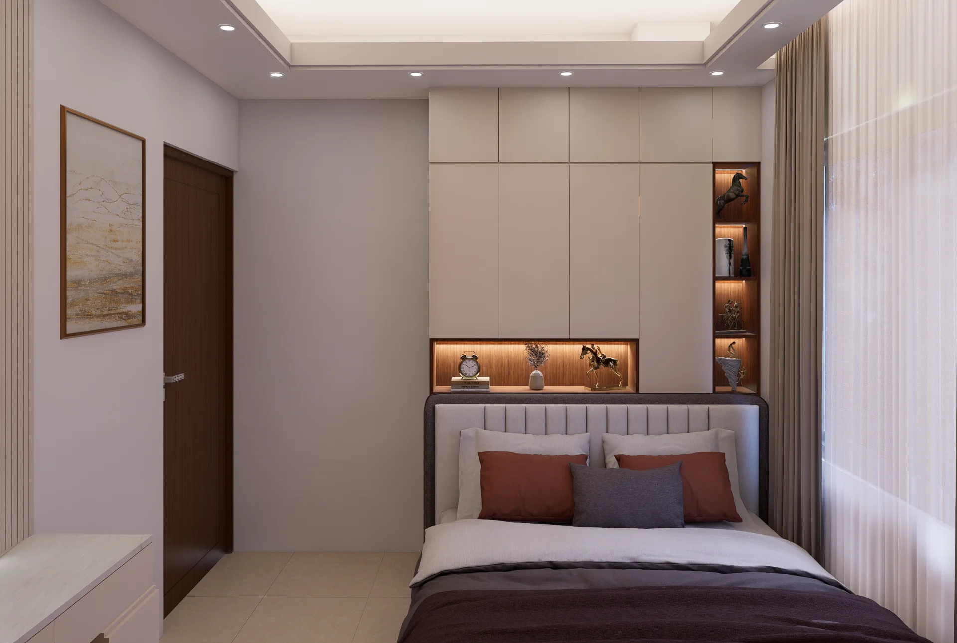 Master bedroom suite with fluted headboard, overhead built-in storage cabinets, and warm illuminated display niche at Modhumita Road, Tongi