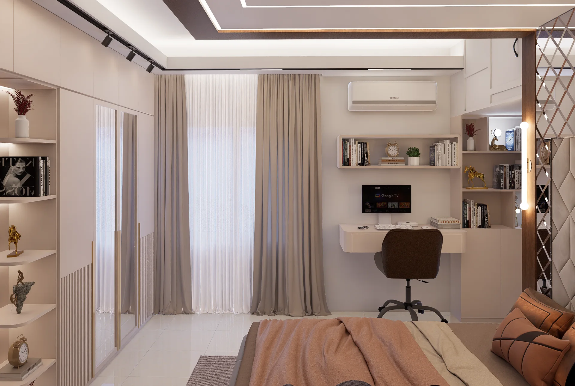 Master bedroom integrated study workstation with curved floating desk, bookshelves, and wardrobe at Mirpur DOHS, Dhaka