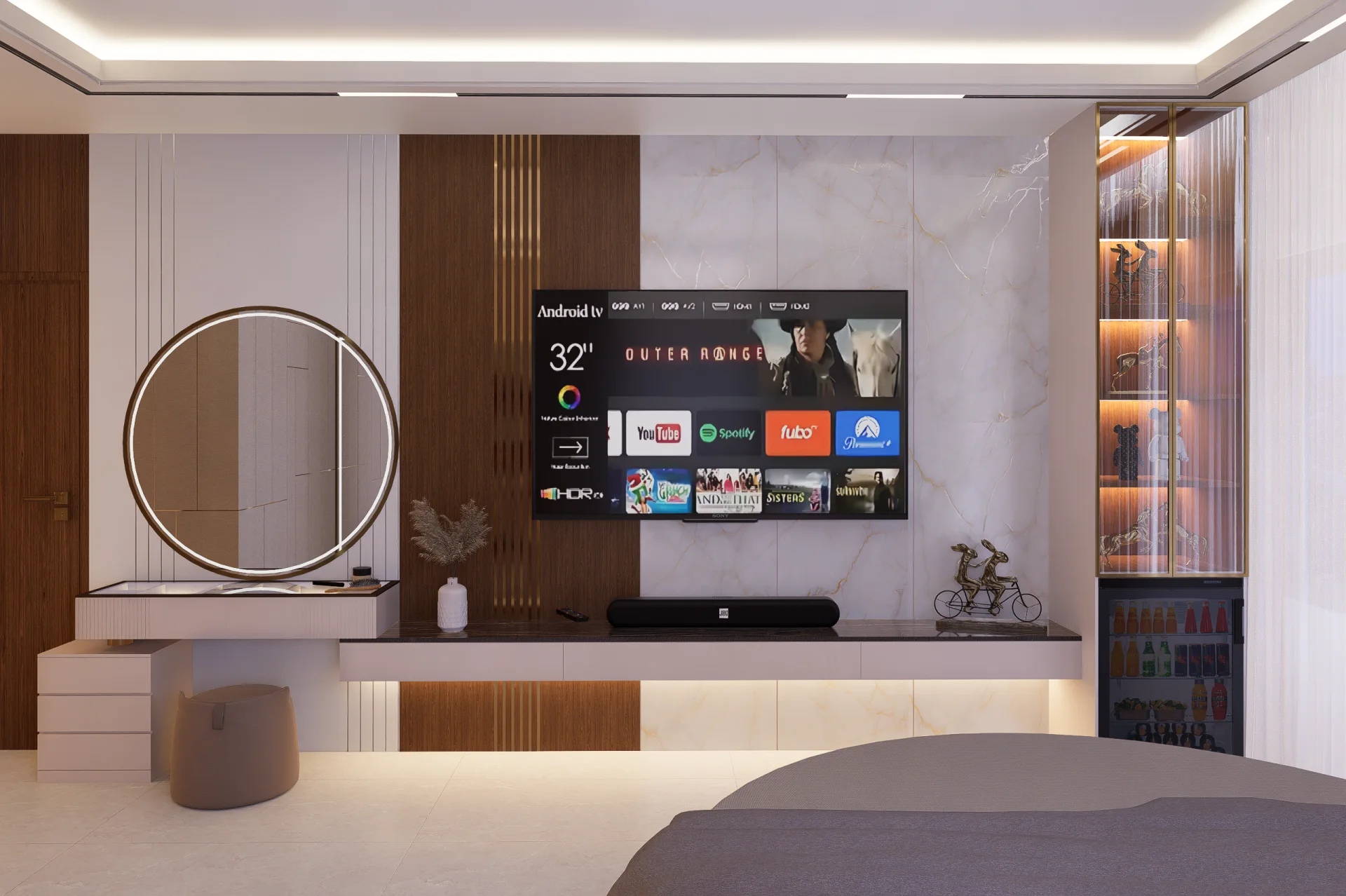 Contemporary bedroom entertainment wall with bookmatched marble fluted paneling and built-in beverage cooler