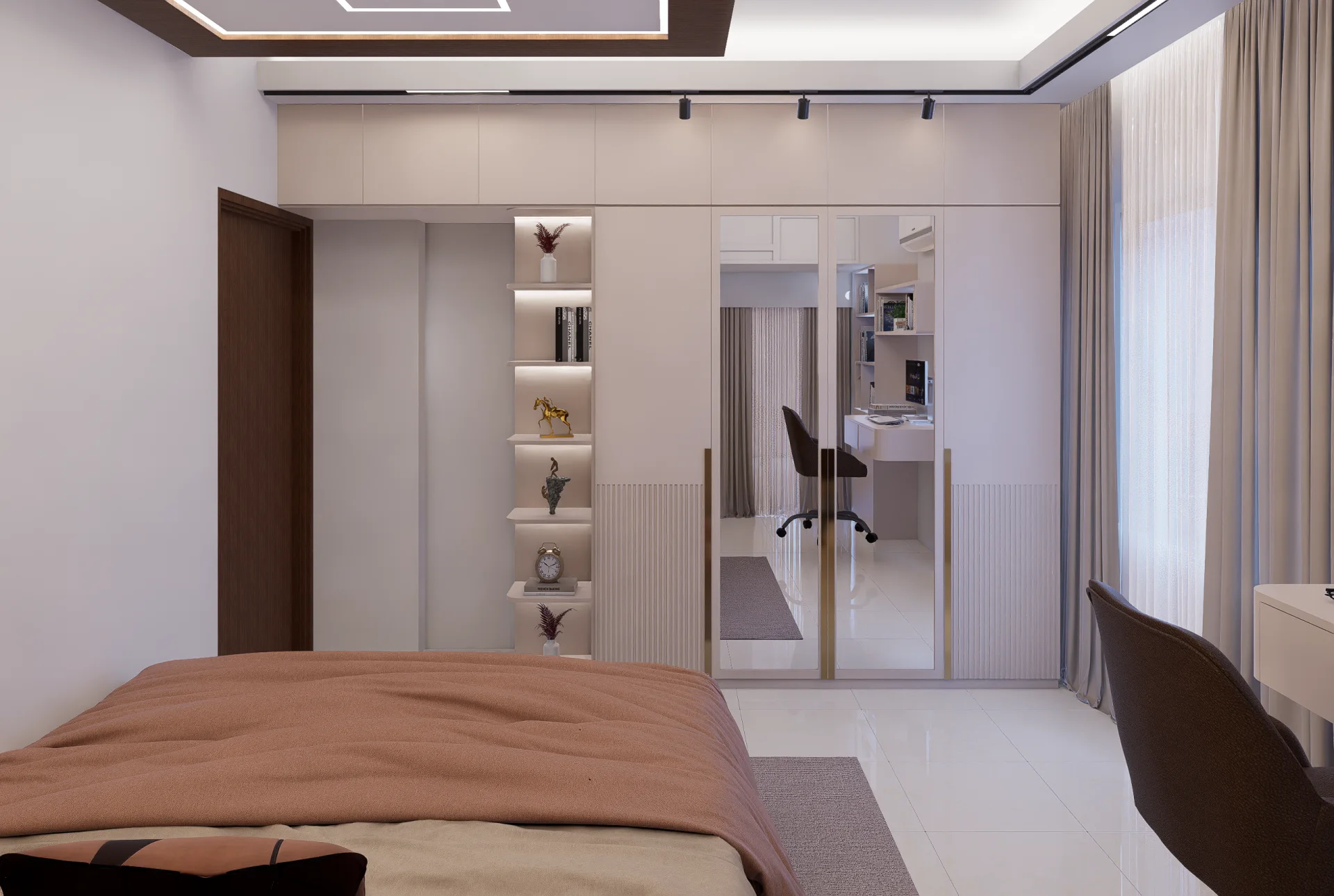 Master bedroom full-height wardrobe with mirrored doors, gold handles, and open corner display tower at Mirpur DOHS
