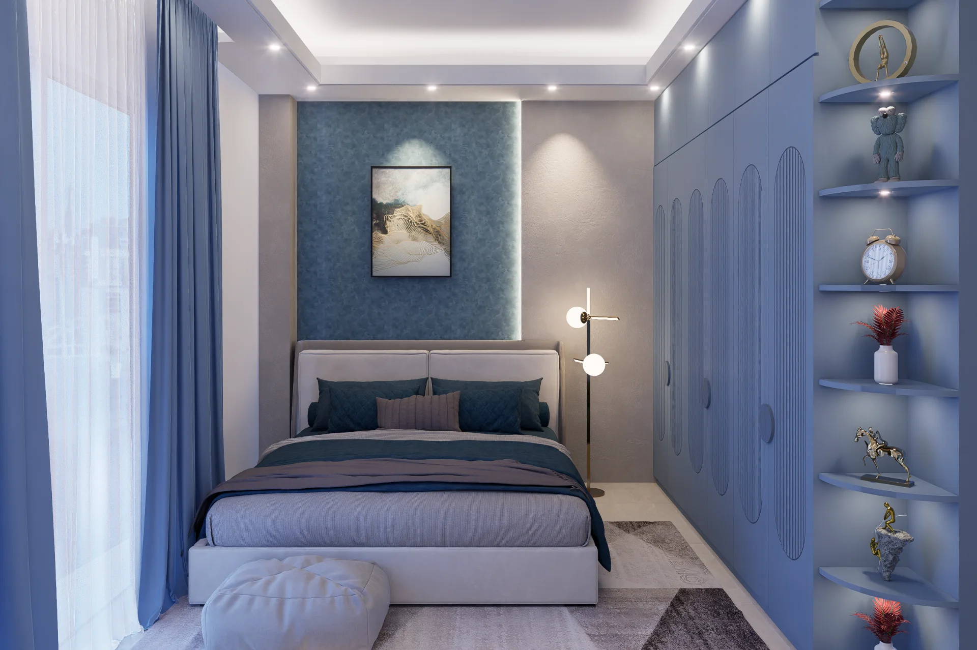 Master Bedroom Interior with Custom Pastel Blue Arch Wardrobe and Backlit Display Shelves Ashulia Savar