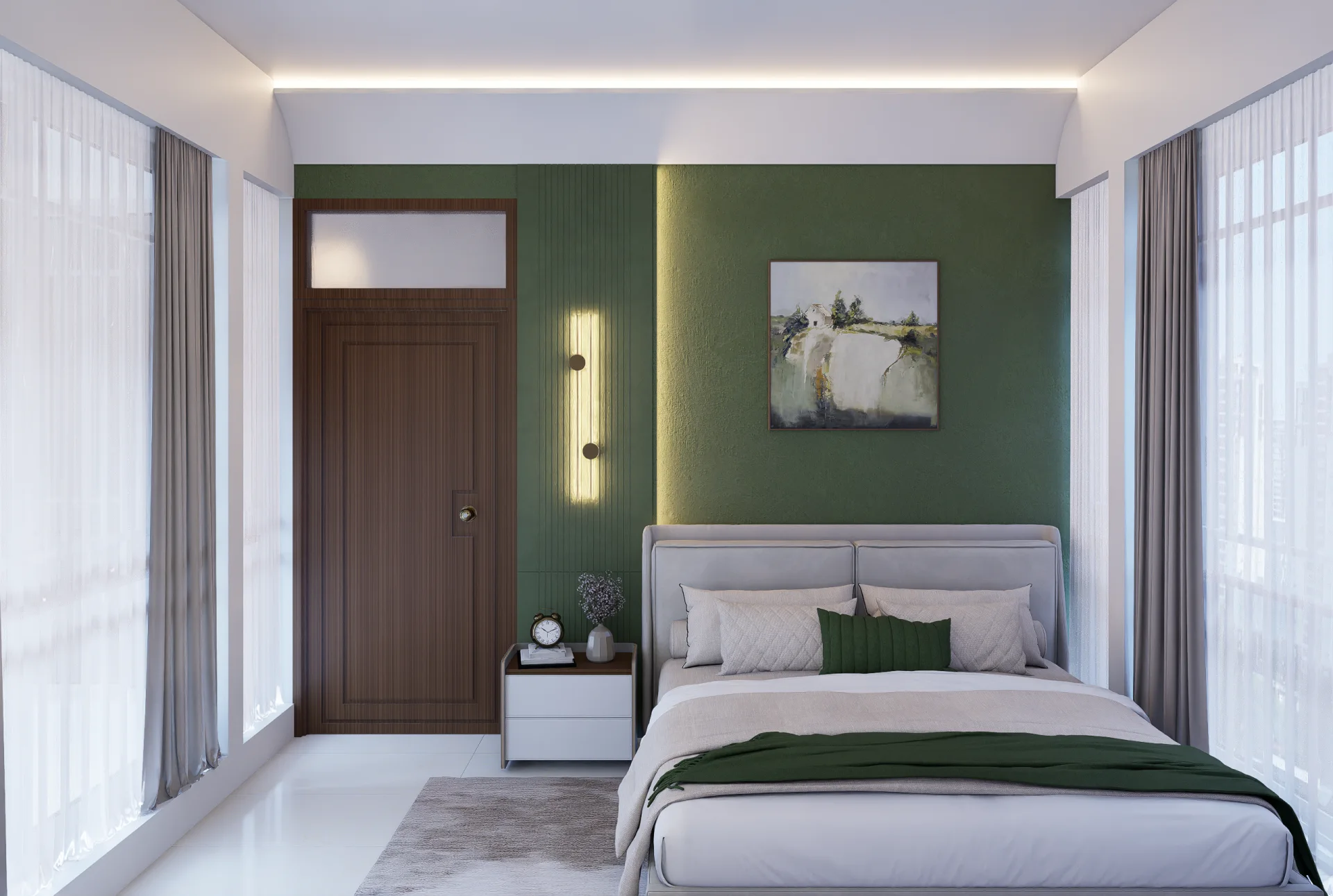 Master bedroom suite with botanical sage green accent wall vertical brass LED lighting and upholstered king bed