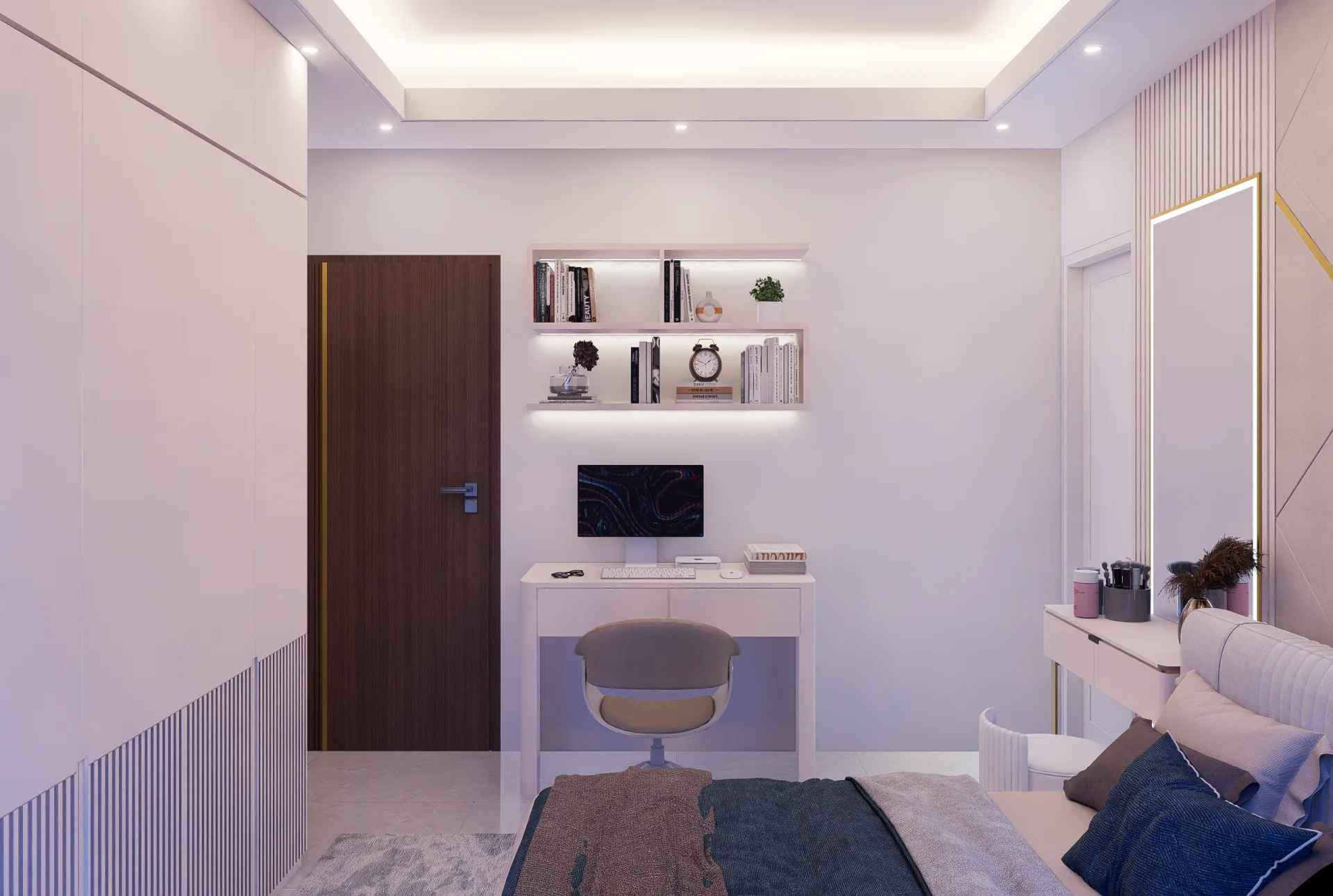 Ergonomic bedroom workstation with floating curved bookshelves under-shelf LED wash and computer desk