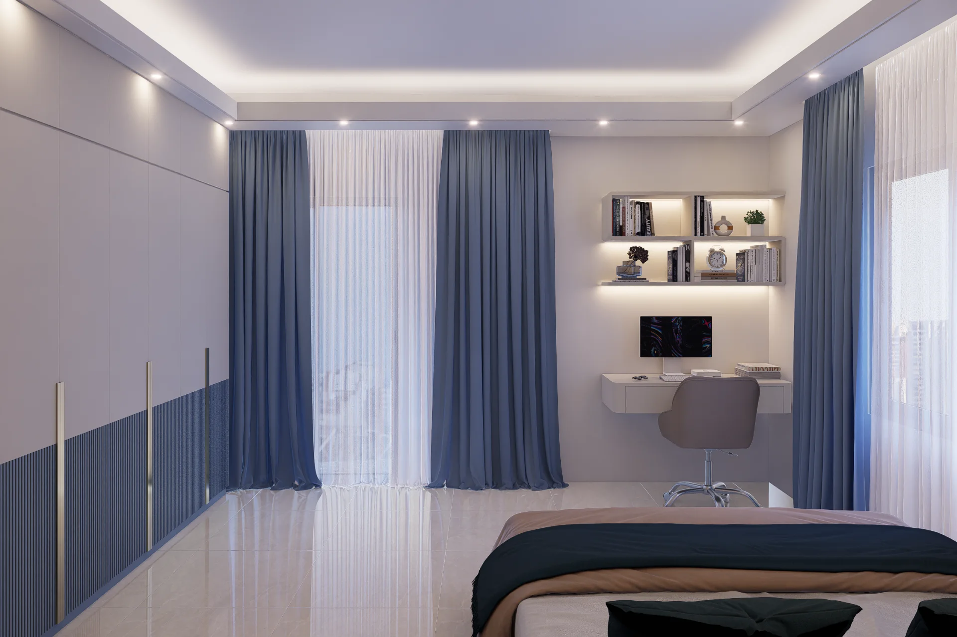 Modern Bedroom Workstation with Floating Study Desk Illuminated Bookshelves and Dual Tone Wardrobe Ashulia