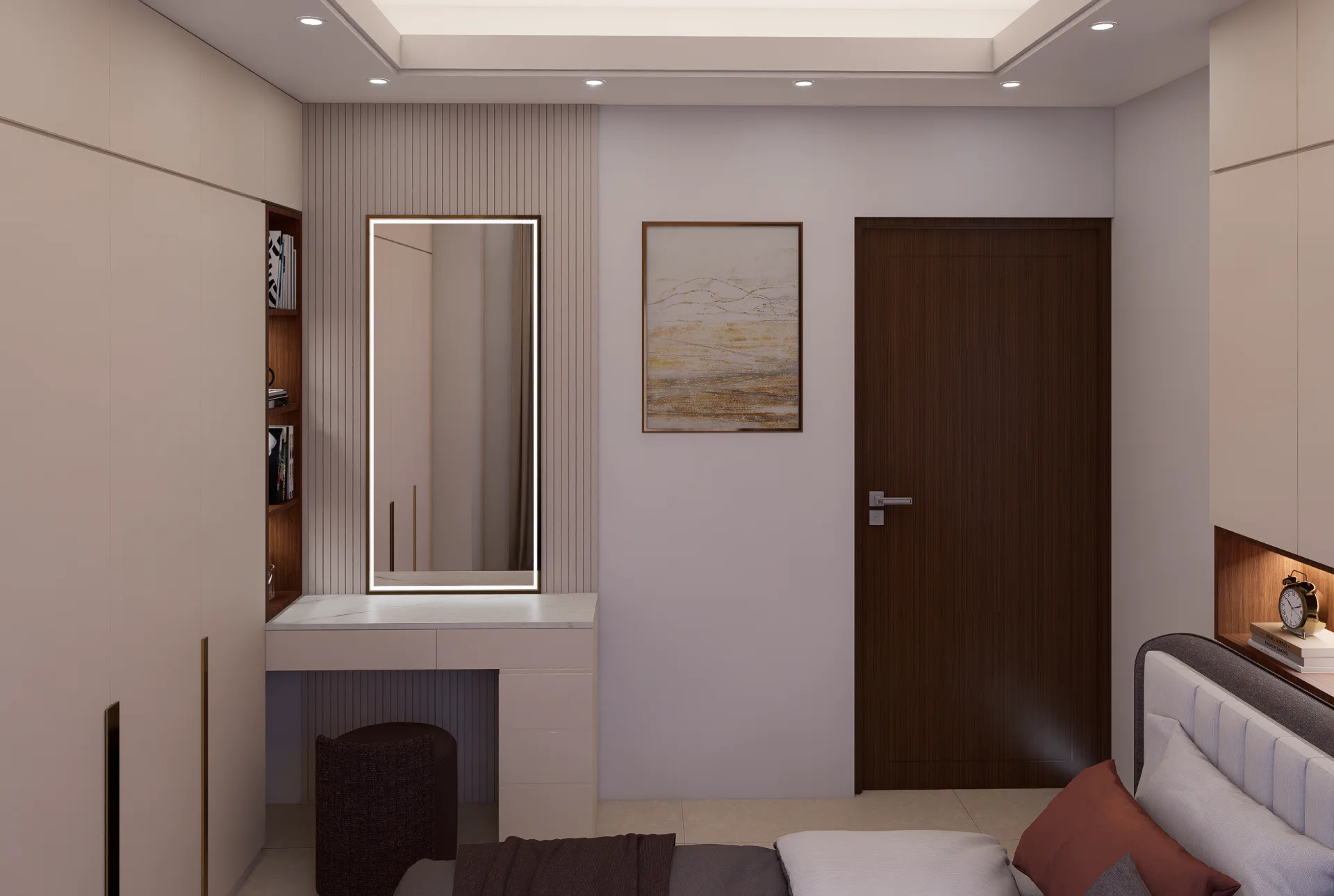 Master bedroom dressing vanity with rectangular backlit LED mirror mounted on fluted paneling and dark wood door at Tongi, Dhaka