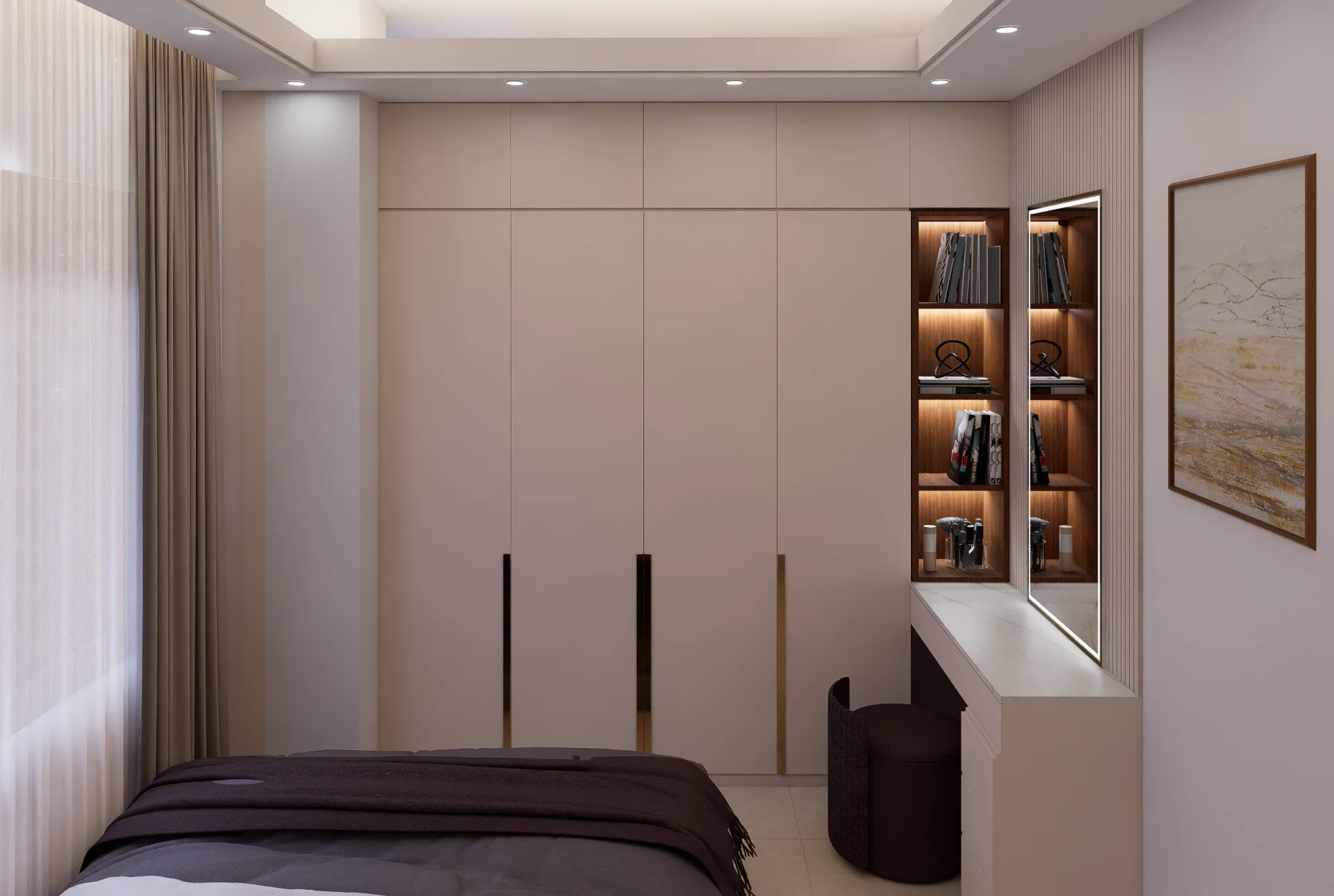 Master bedroom 4-door wardrobe with vertical handles and dressing vanity with illuminated open curio shelves at Tongi, Dhaka