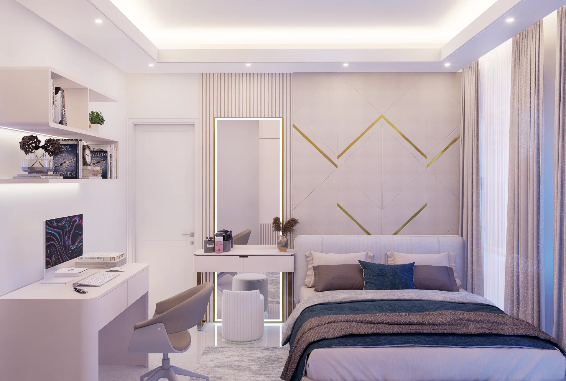Master bedroom suite with chevron gold groove accent wall integrated home office study desk and vanity mirror