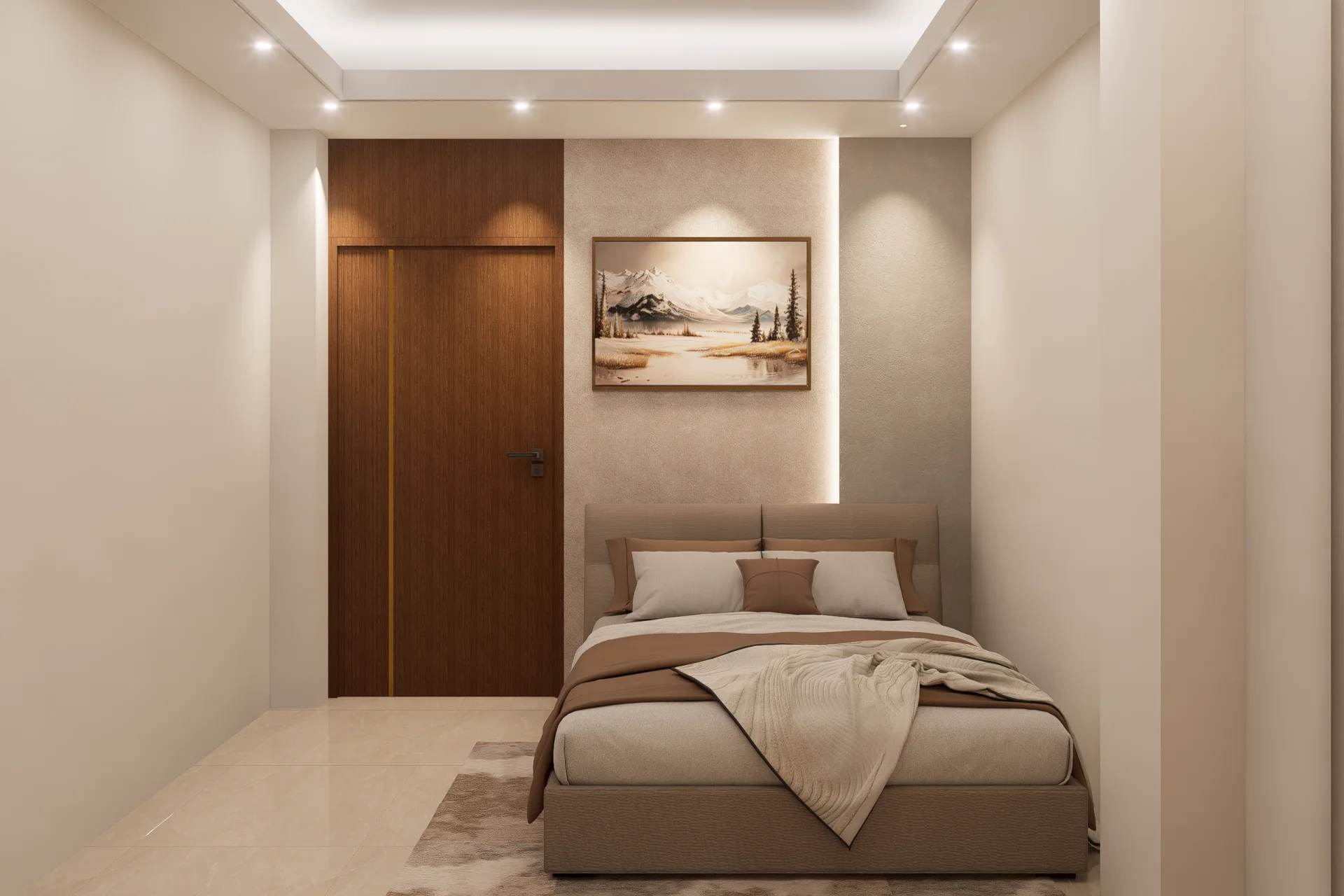 Minimalist Secondary Bedroom Interior with Warm Headboard Accent Lighting and Flush Door Ashulia