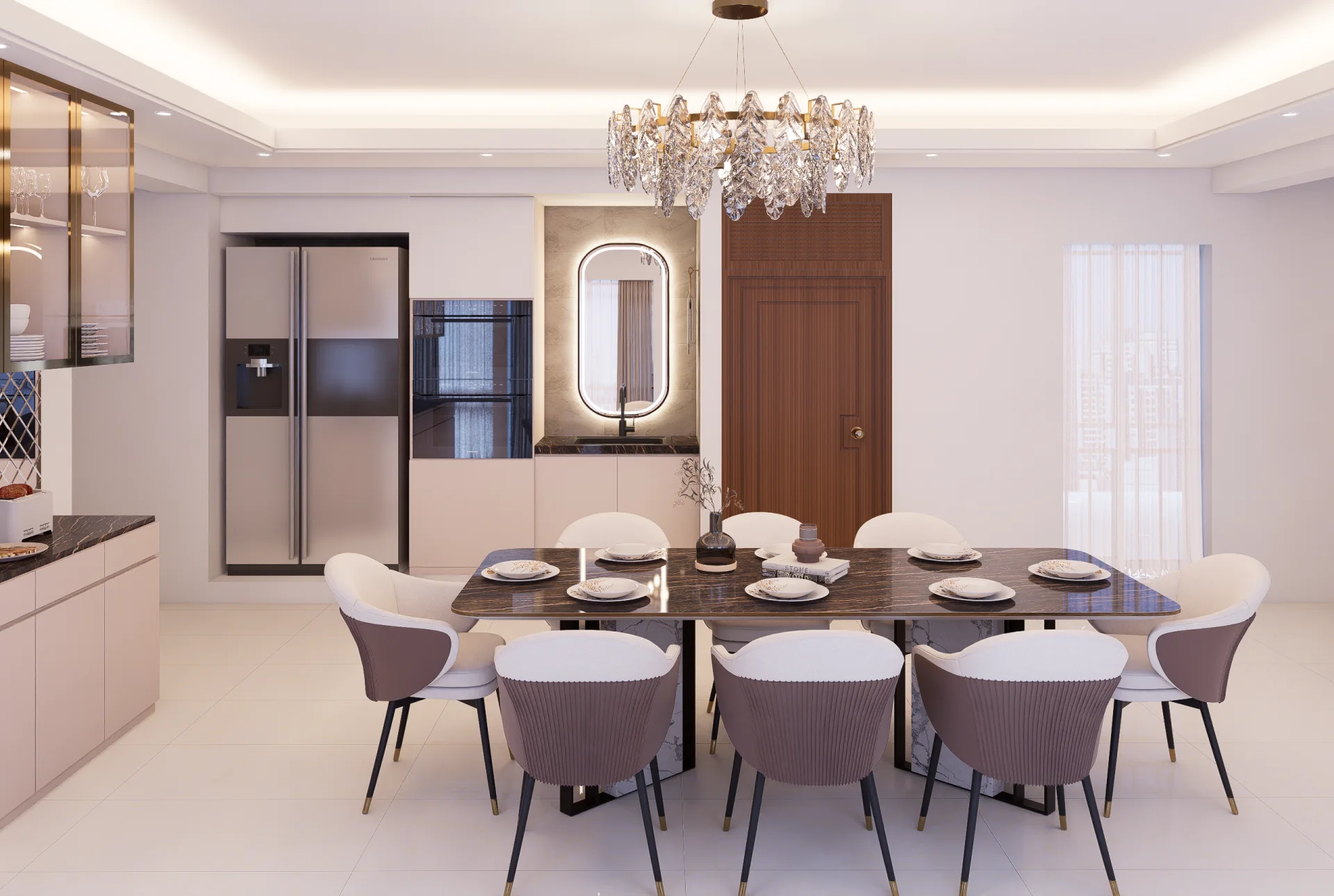Modern dining handwash niche with illuminated capsule LED mirror and built-in refrigerator oven tower in Bashundhara