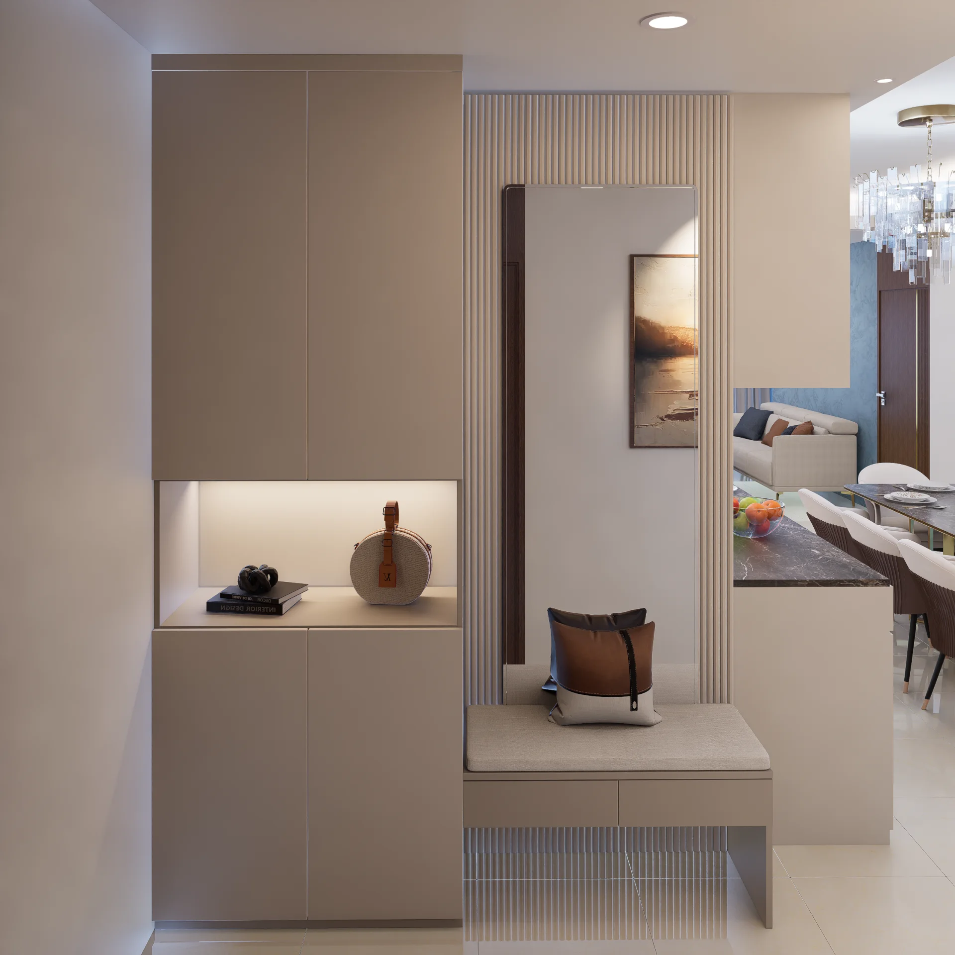 Modern entrance foyer featuring full-height shoe storage cabinet, cushioned bench, and full-length dressing mirror at Mirpur DOHS