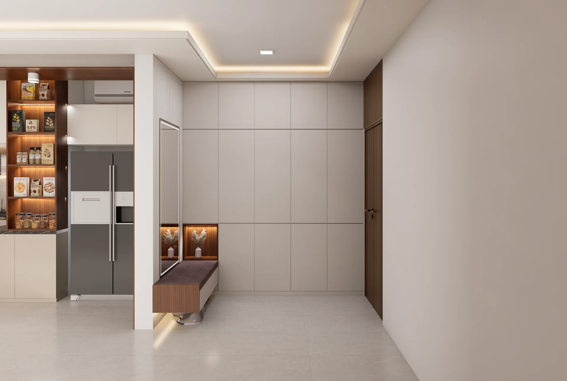 Modern entrance foyer with cushioned shoe rack bench full-length backlit dressing mirror and concealed storage