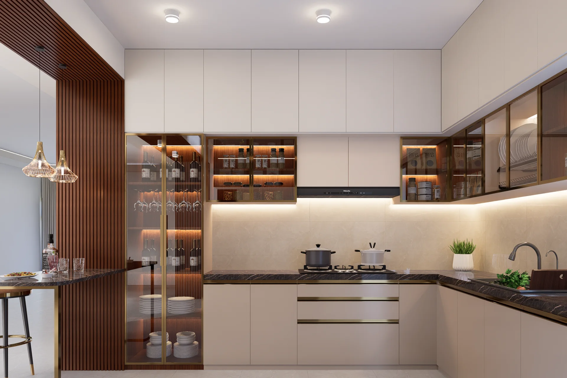 Modern kitchen cooking zone with built-in hob hood and illuminated fluted glass crockery cabinet in Dhaka