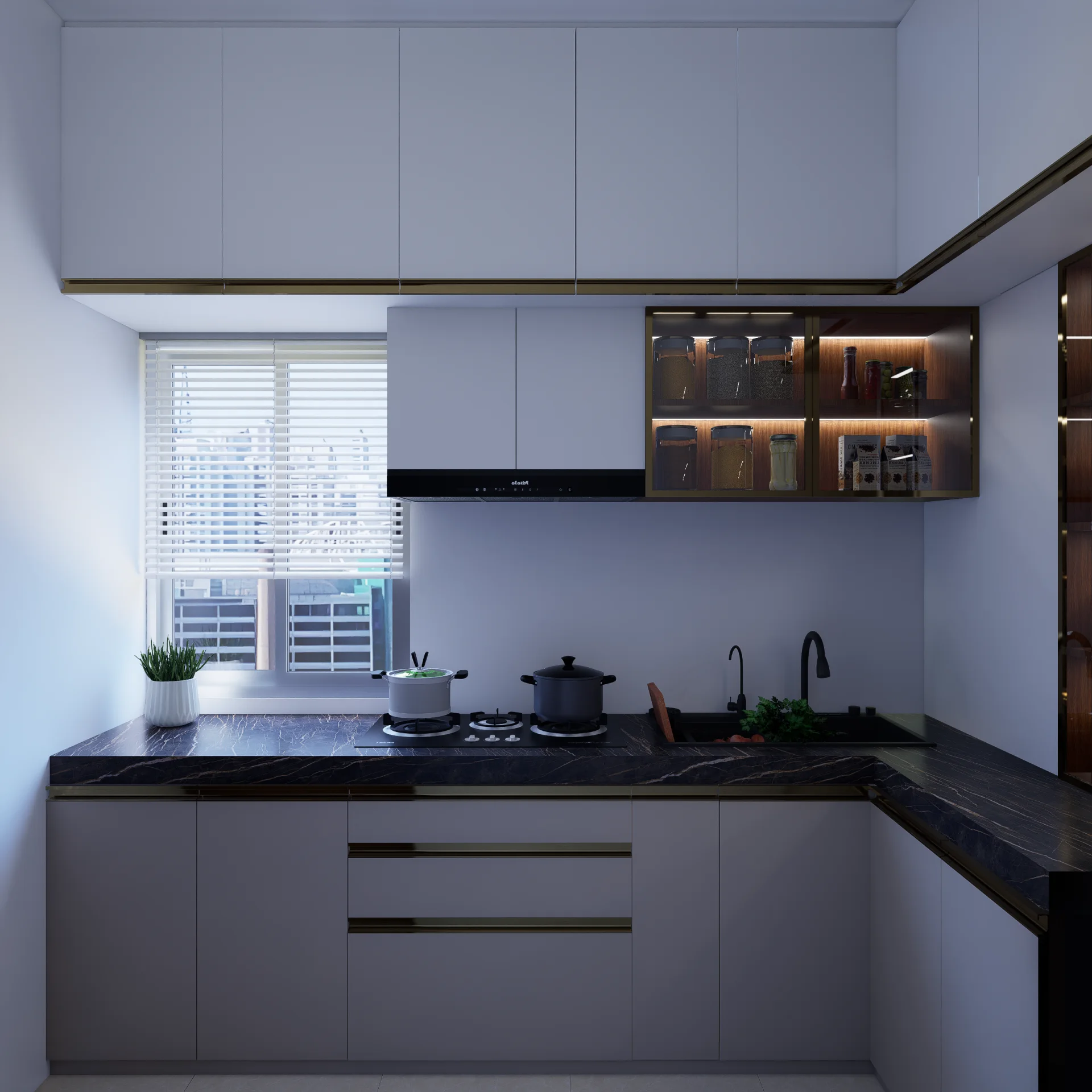 Modern modular kitchen with black gold-veined marble countertop, undermount sink, gas stove, and illuminated glass spice cabinet at Tongi