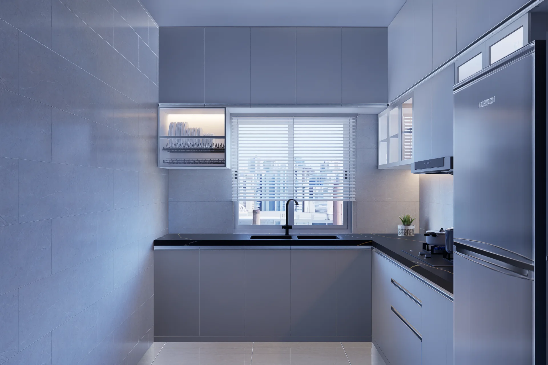 Modern L-Shaped Modular Kitchen with Black Granite Countertop Under Window Sink and Cabinetry Ashulia