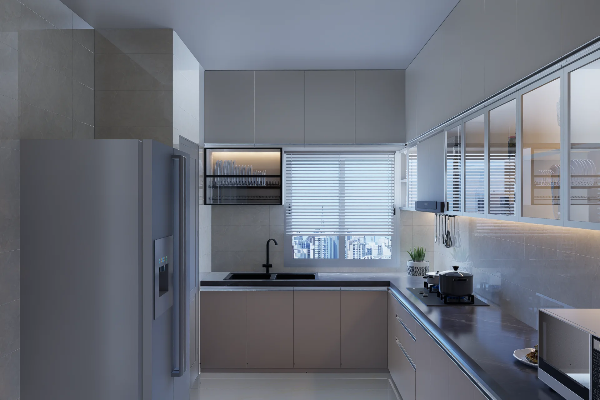 Modern modular kitchen with dark graphite countertops, undermount sink, and panoramic city window view at Mirpur DOHS, Dhaka
