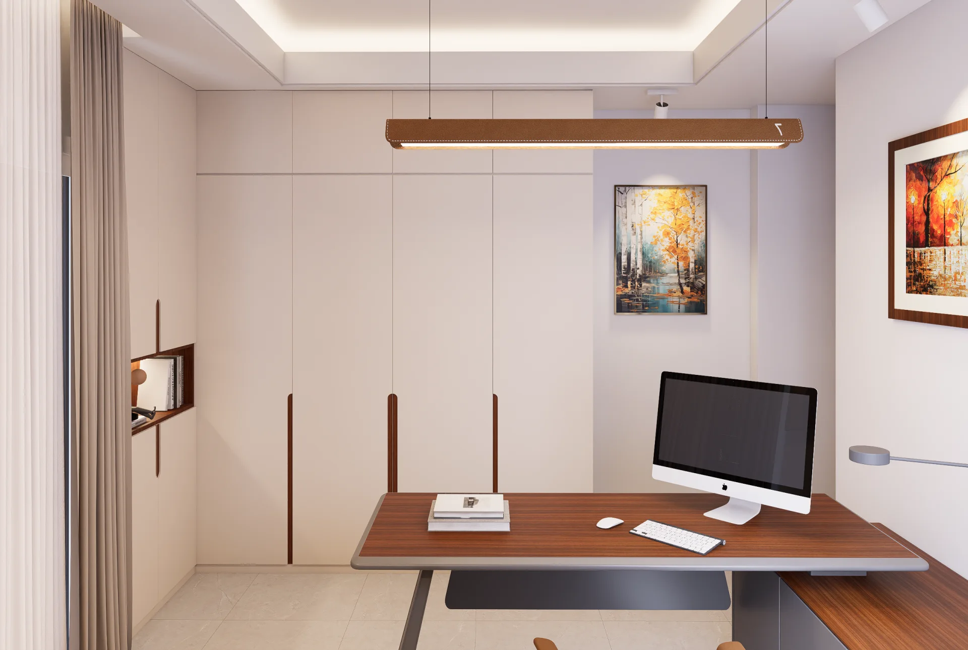 Modern study workstation with suspended linear pendant chandelier and clean white storage wardrobe cabinetry