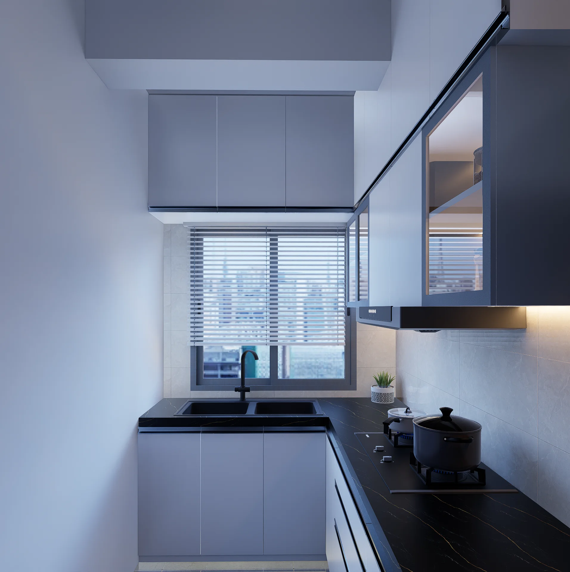 Modern modular kitchen with black gold-veined marble countertop double undermount sink and window blinds