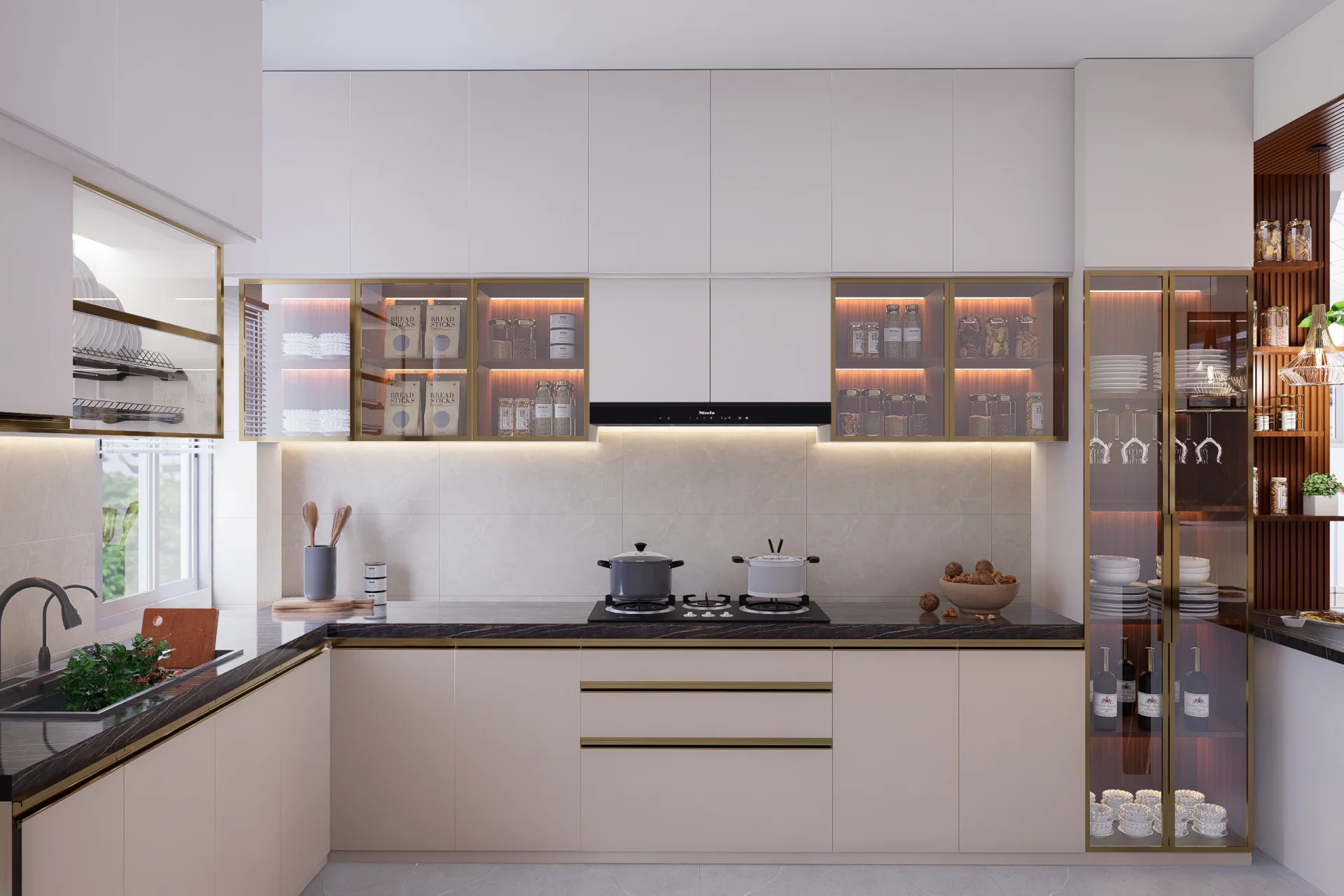 Modern modular kitchen with built-in gas hob ducted chimney hood and floor-to-ceiling illuminated glass crockery wine showcase