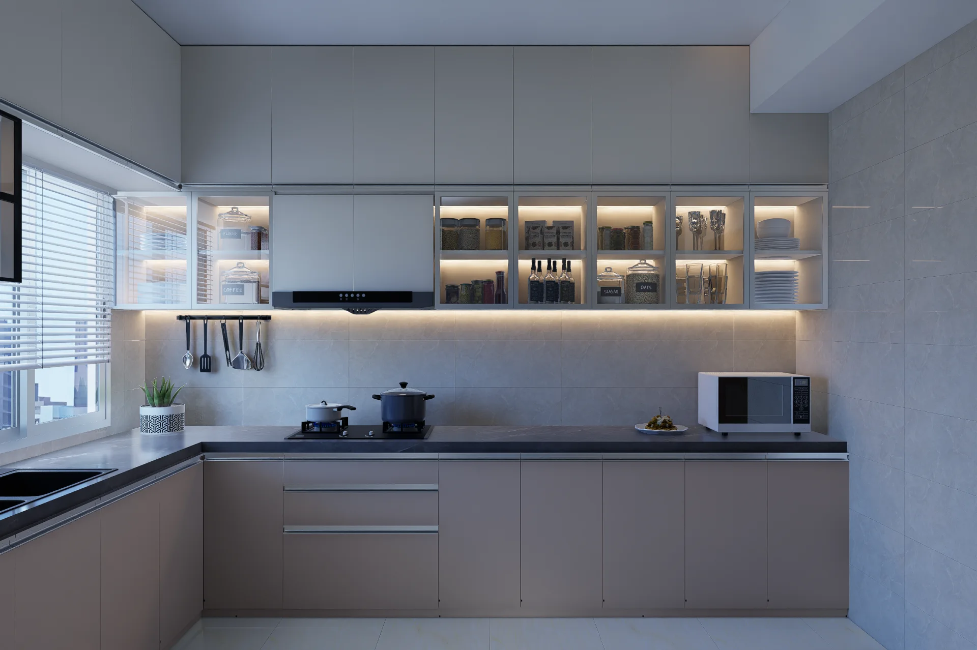 Modular kitchen cooking station with gas hob, ducted chimney hood, and illuminated glass spice cabinets at Mirpur DOHS