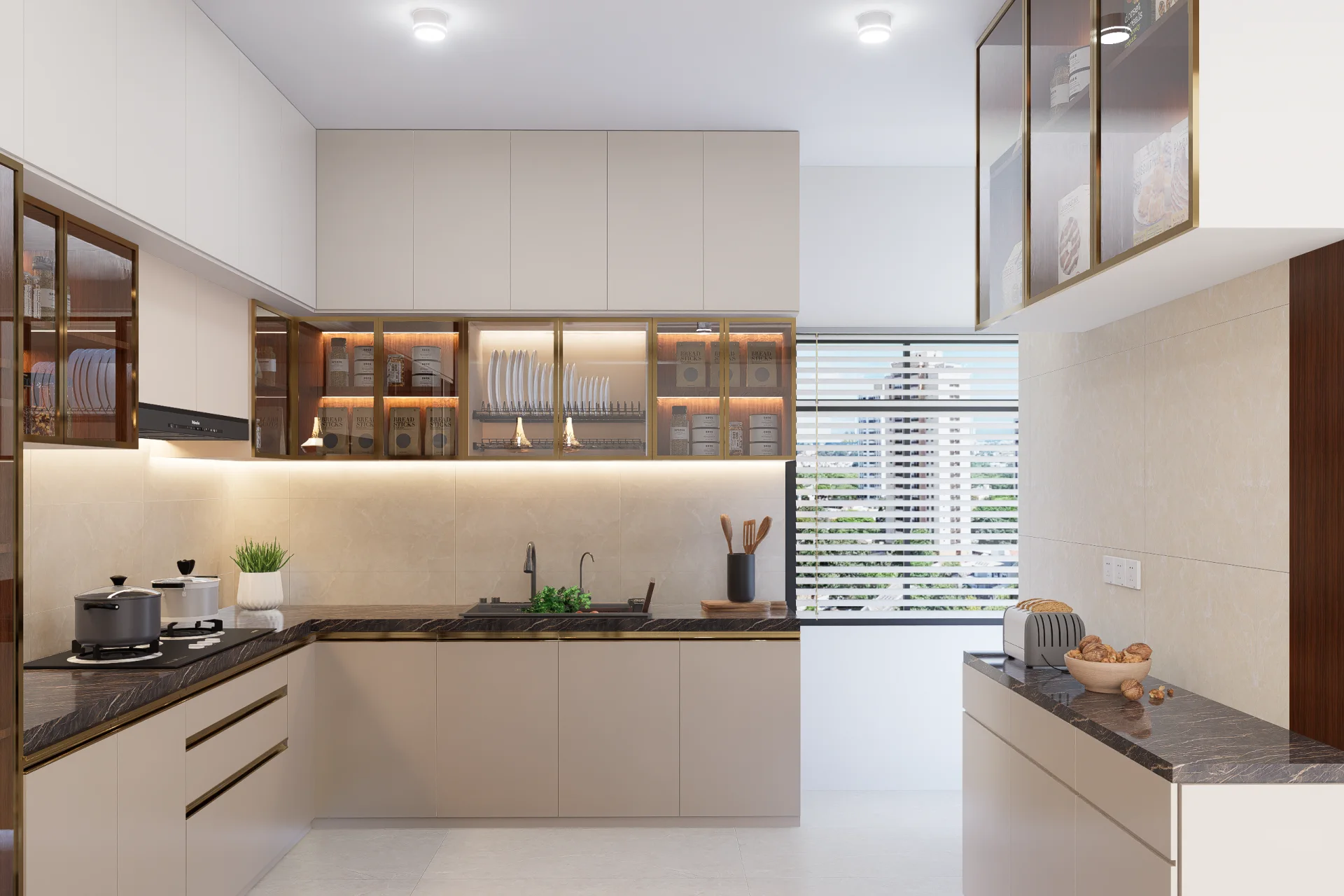 Sleek modular kitchen island with dark marble countertop and skyline window view in Baridhara DOHS