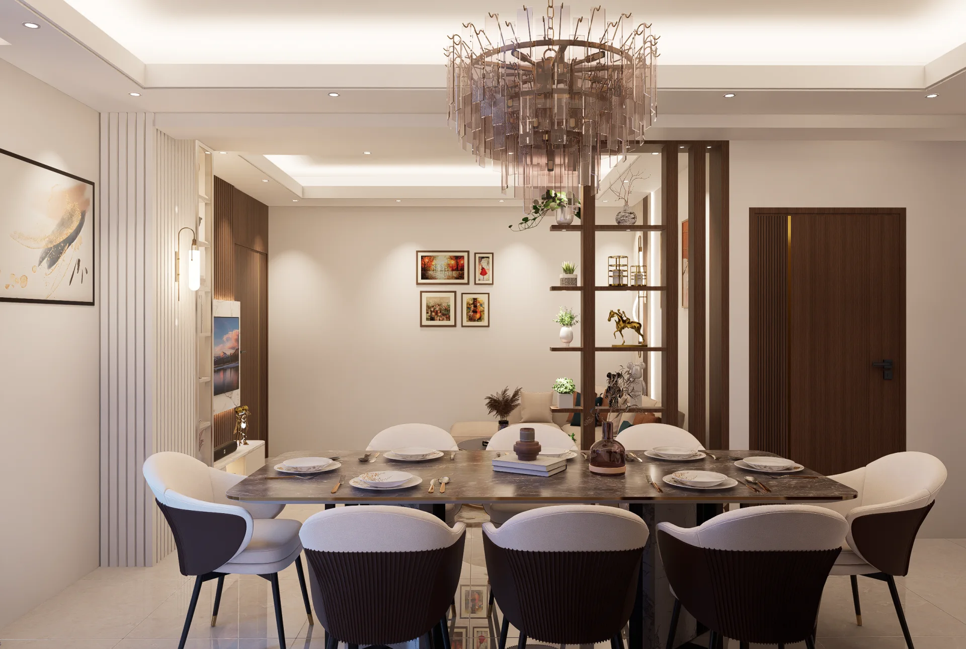 Open-plan dining space looking through wooden botanical divider into the modern living room lounge