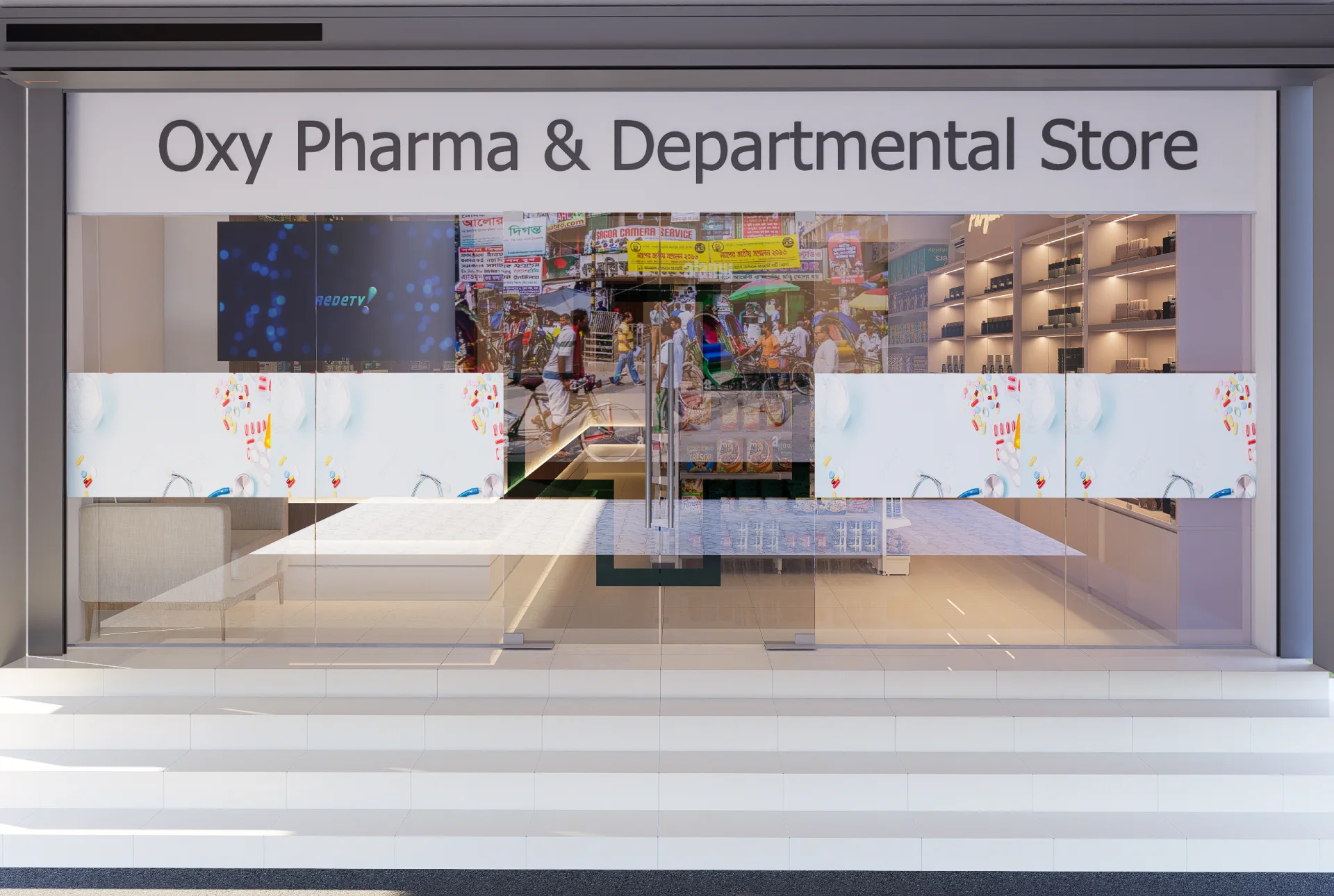 Contemporary glass storefront exterior with frosted pharmaceutical branding banner for Oxy Pharma & Departmental Store in Dhaka